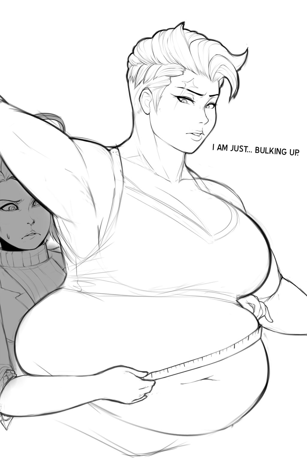 2d belly_bulge belly_expansion blizzard_entertainment in_denial measuring_belly measuring_tape mercy obese overwatch pewbutt weight_gain zarya