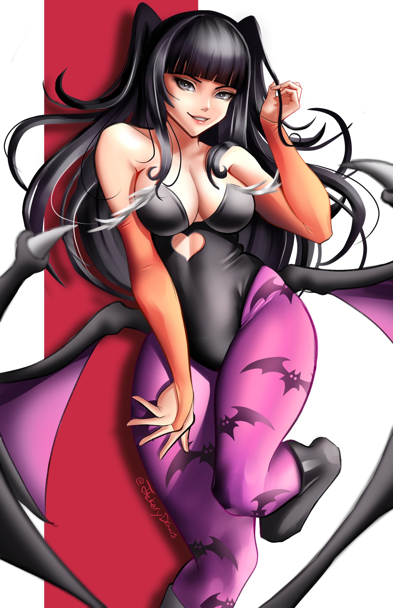 1girls, bare shoulders, big breasts, black eyes, black hair, breasts, clothing, cosplay, darkstalkers, demon, female, fire emblem, fire emblem awakening, grin, jackary draws, large breasts, looking at viewer, morrigan aensland (cosplay), nintendo, smile, solo, solo female, succubus, tharja (fire emblem), wings