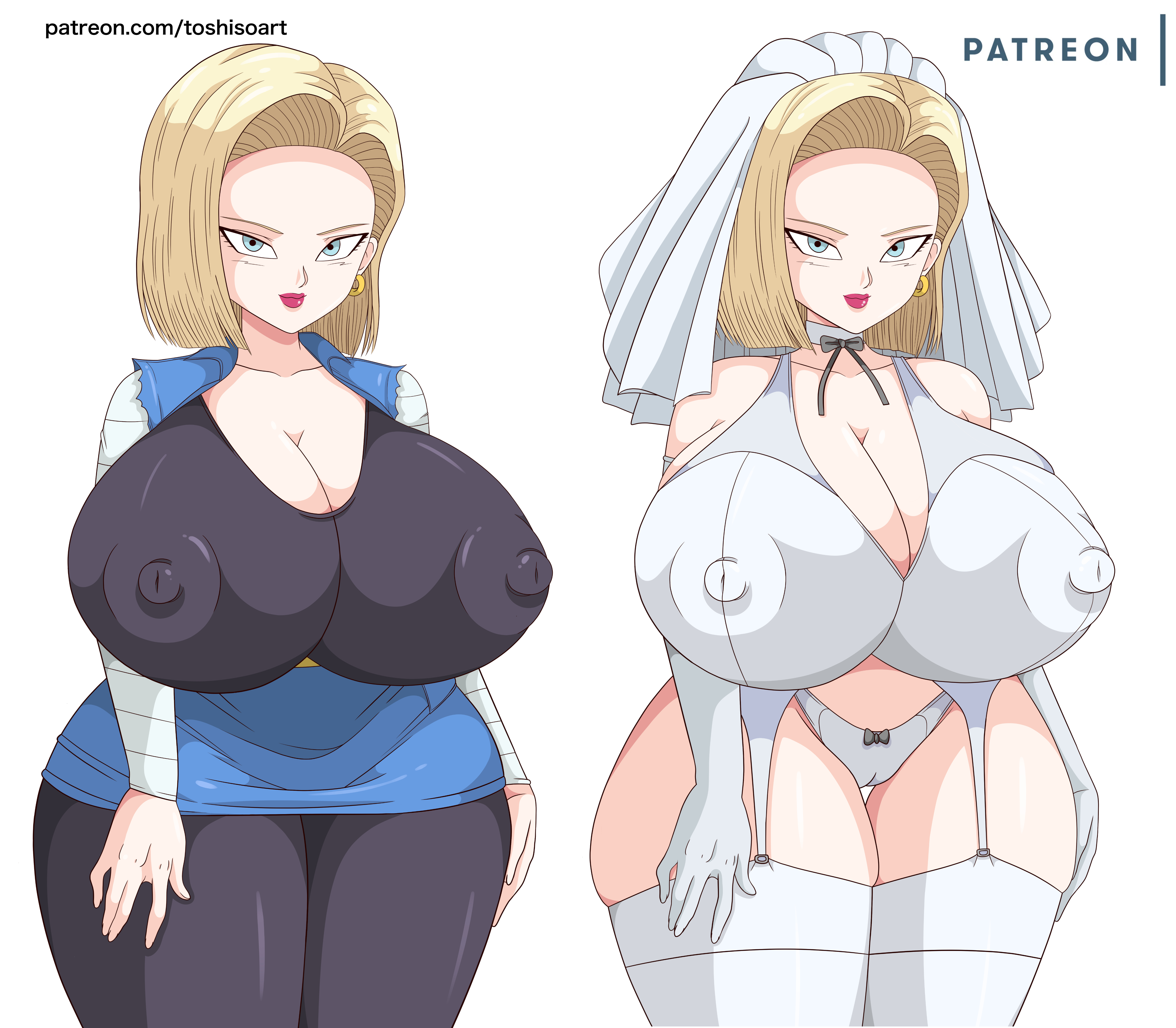 alternate version available, android, android 18, big breasts, breasts, dragon ball, dragon ball z, female, female only, mature female, nipples, nipples visible through clothing, solo, solo female, solo focus, thick thighs, toshiso