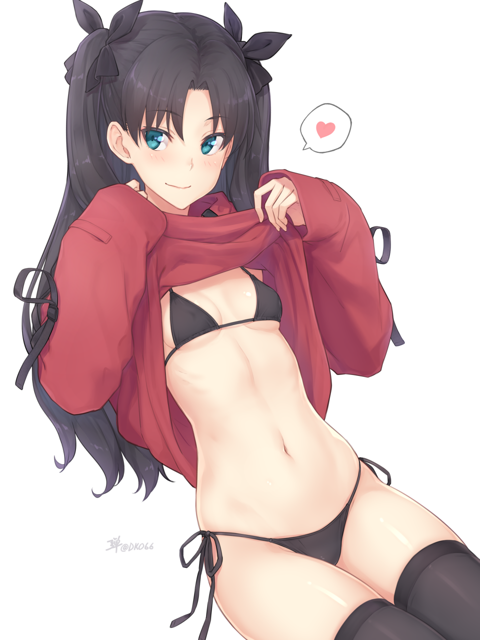 bangs bikini black_bikini black_hair black_legwear black_ribbon blue_eyes blush breasts brown_hair closed_mouth commentary_request cowboy_shot dan_(kumadan) dark_blue_hair eyebrows_visible_through_hair eyelashes fate/stay_night fate_(series) female groin hair_ribbon heart highres long_hair long_sleeves looking_at_viewer navel parted_bangs red_shirt ribbon shirt shirt_lift side-tie_bikini simple_background skinny sleeves_past_wrists small_breasts smile solo spoken_heart stomach swimsuit thighhighs thong tohsaka_rin twintails twitter_username two_side_up white_background