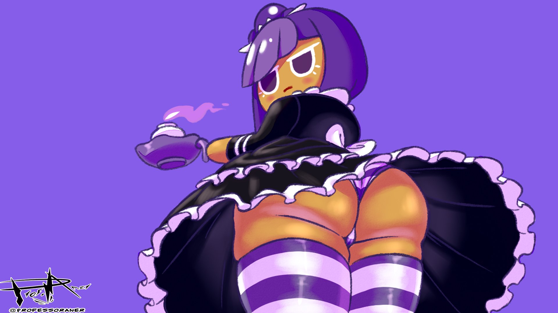 anthro, blackberry cookie, candle, cookie, cookie run, dress, female, looking at viewer, looking back, maid, panties, purple background, purple eyes, purple hair, short hair, striped legwear, striped panties, thick thighs, under skirt, underwear, watermark