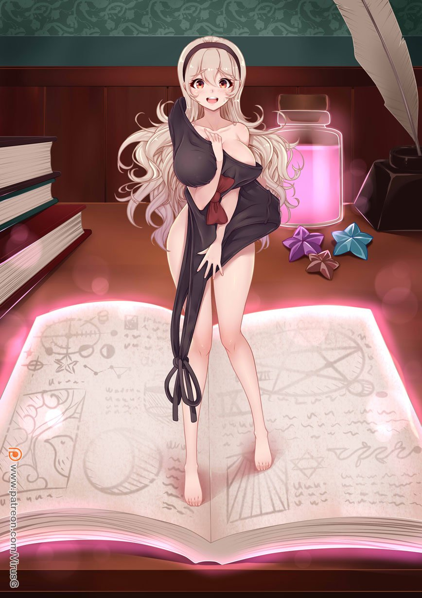 book, breasts, corrin (fire emblem), corrin (fire emblem) (female), covered breasts, covering, covering breasts, covering crotch, elise (fire emblem), embarrassed, embarrassed nude female, enf, female, fire emblem, fire emblem fates, long hair, magic, manakete, micro female, naked, nude, panties, shrunk, shrunken female, virus-g