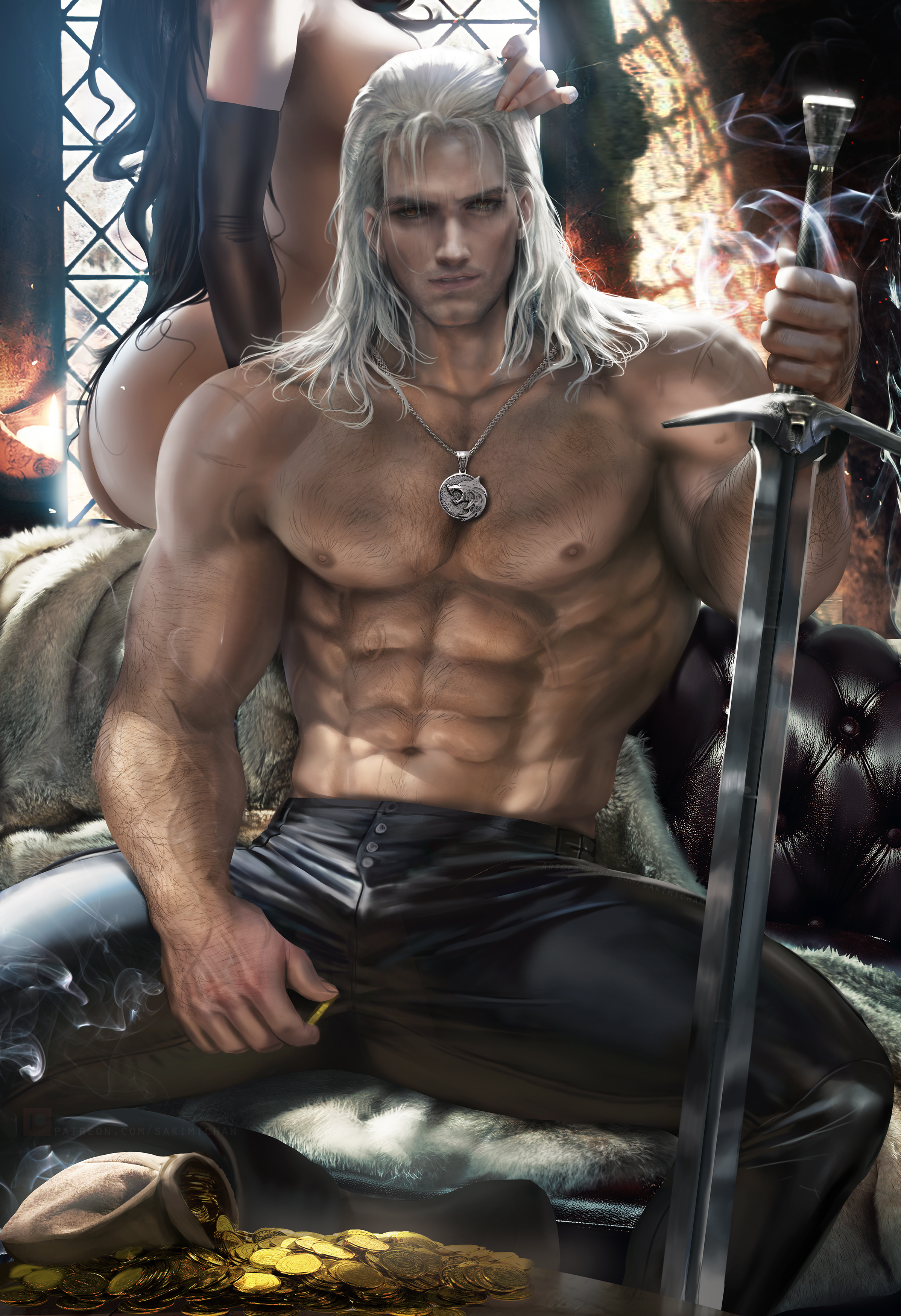 abs, absurdres, alternate version available, ass, cd projekt red, clothed male nude female, faceless female, female, geralt of rivia, hairy chest, looking at viewer, male, male focus, muscular, muscular male, sakimichan, the witcher, the witcher (series), the witcher 2, the witcher 3: wild hunt, white hair, yennefer