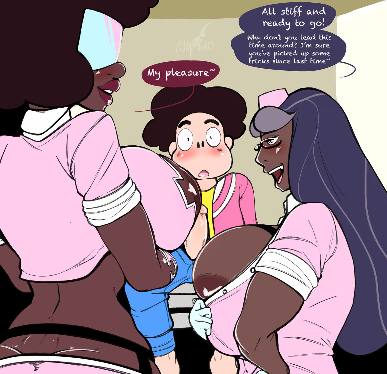 1boy, 2girls, aged up, areola, areolae, ass, big ass, big breasts, big hair, black hair, breasts, bursting breasts, cartoon network, cheating, cheating boyfriend, cheating mother, clothed, clothing, comic, dark skin, dark-skinned female, daughters boyfriend, dialogue, doctor, female, ffm, ffm threesome, garnet (steven universe), gem (species), gem fusion, gigantic ass, girlfriend's mother, glasses, goat-head (artist), half-human, hips, huge ass, huge breasts, human, humanoid, in-lawcest, interracial, interspecies, large ass, large breasts, larger female, legs, lips, long hair, male, mature female, milf, mother, mother and daughter's boyfriend, mother and daughters boyfriend, mother-in-law, mother-in-law and son-in-law, nipples, nurse, nurse cap, nurse hat, nurse uniform, priyanka maheswaran, size difference, skimpy, skimpy clothes, skimpy nurse, smaller male, son-in-law, steven quartz universe, steven universe, straight, talking, thick legs, thick lips, thick thighs, thighs, threesome, voluptuous, wide hips