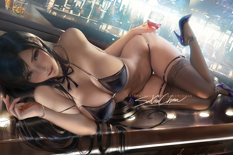 1girls, bar, bedroom eyes, big breasts, black lingerie, bra, breasts, cleavage, female, female only, final fantasy, final fantasy vii, final fantasy vii remake, g-string, high heels, large breasts, lingerie, looking at viewer, midriff, panties, sakimichan, seductive, small panties, solo, solo female, square enix, stockings, thighhighs, thighs, tifa lockhart, wide hips, wine glass