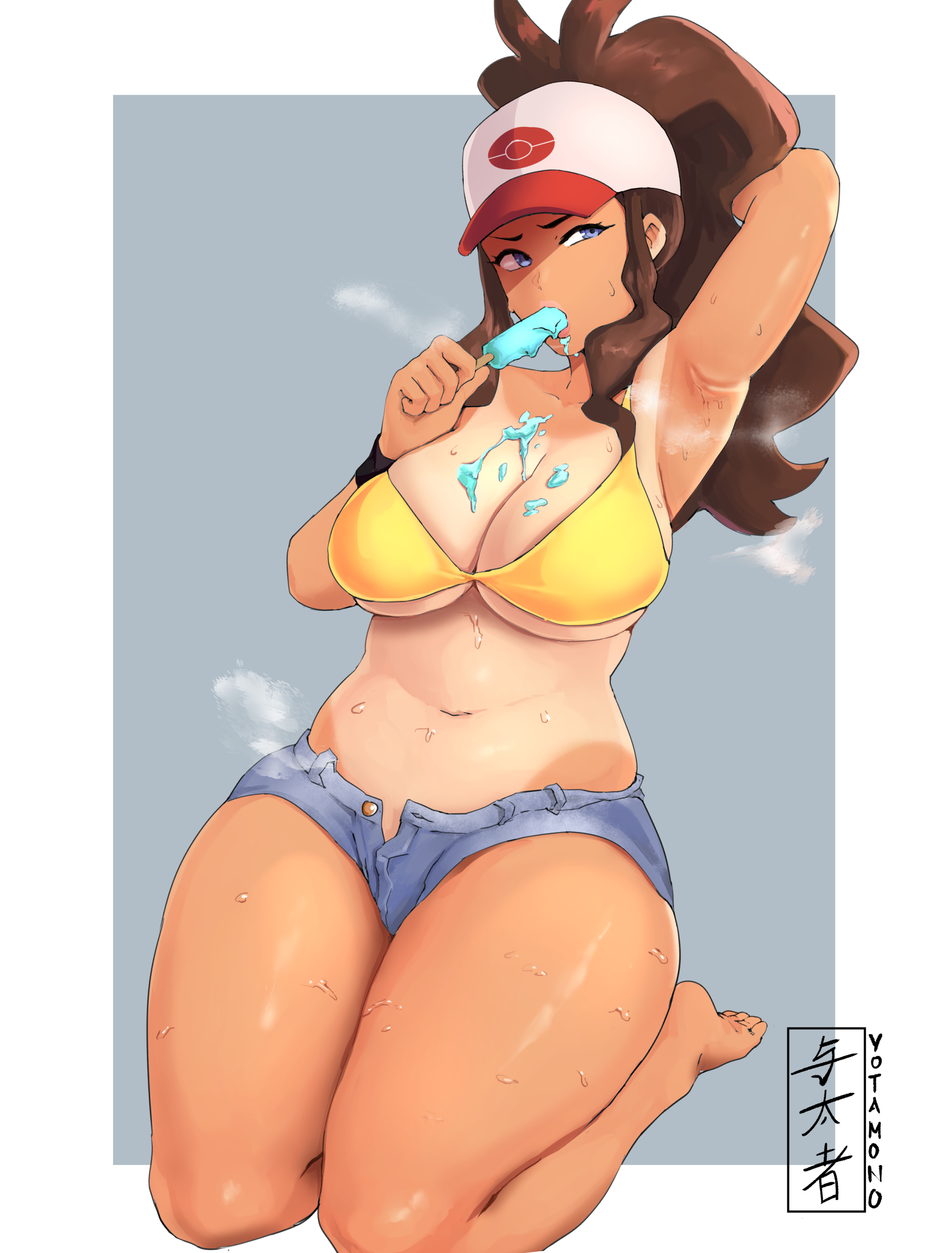 1girls, armpits, big breasts, blue eyes, breasts, brown hair, curvy figure, female, hat, hilda (pokemon), huge thighs, ice cream, long hair, nintendo, pokemon, pokemon bw, ponytail, shorts, solo, steam, sweat, tan skin, tan-skinned female, tanline, thick thighs, thighs, unzipped shorts, watermark, wide hips, yotahen