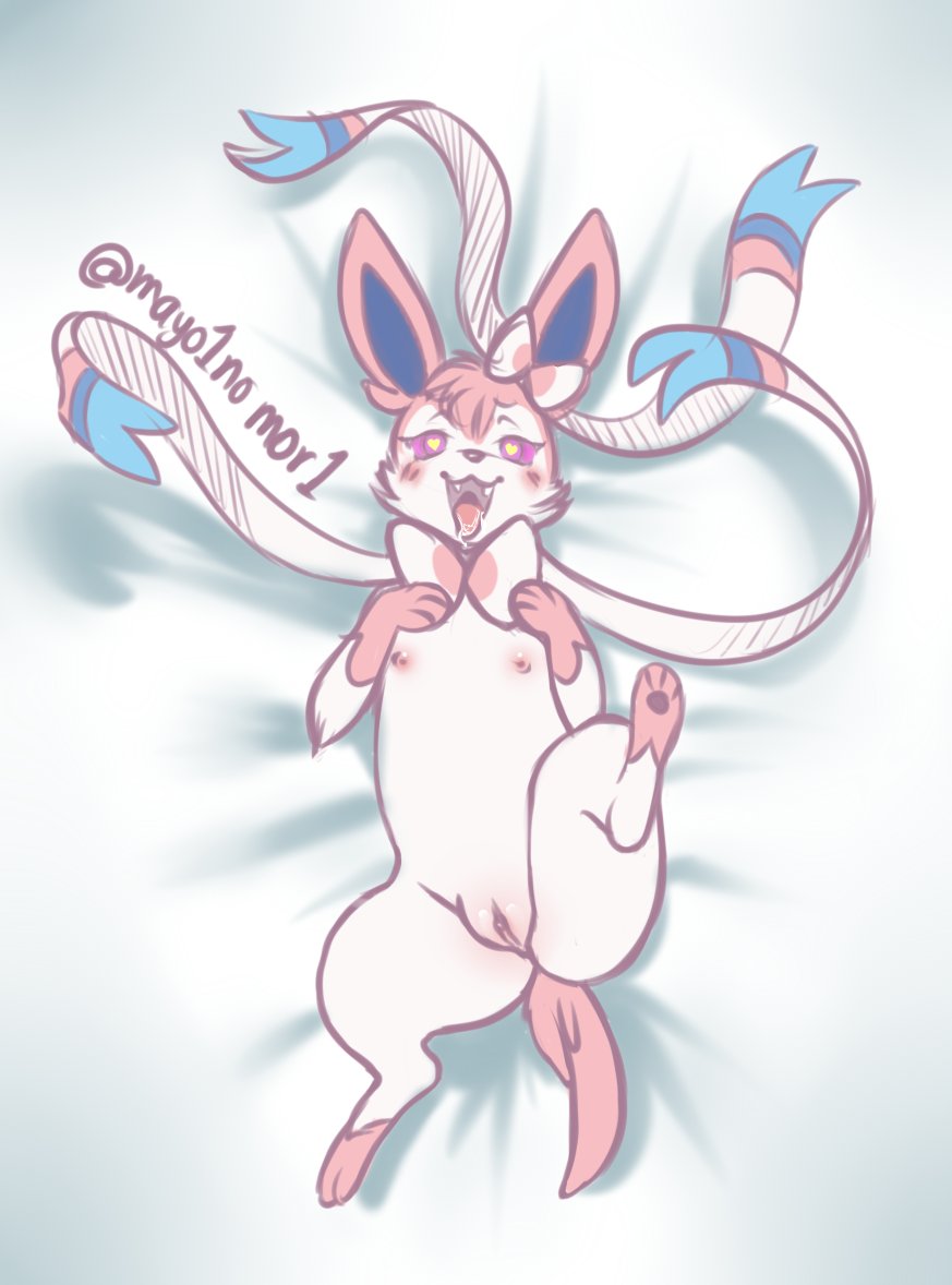 <3_eyes blush eeveelution female feral fur furry furry_only genitals heart lust lying mayo1nomor1 nintendo nipples open_mouth pokémon_(species) pokemon pussy ribbons solo spread_legs spreading sylveon tail the_lost_artist video_games