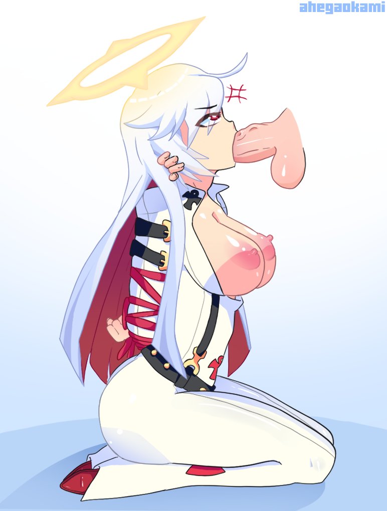 1girls, ahegaokami, angry, arms behind back, blowjob, bondage, bondage blowjob, bound arms, breasts, breasts out, clothed, fellatio, female, guilty gear, jack-o' valentine, kneeling, large breasts, nipples, red eyes, rope, rope bondage, white hair