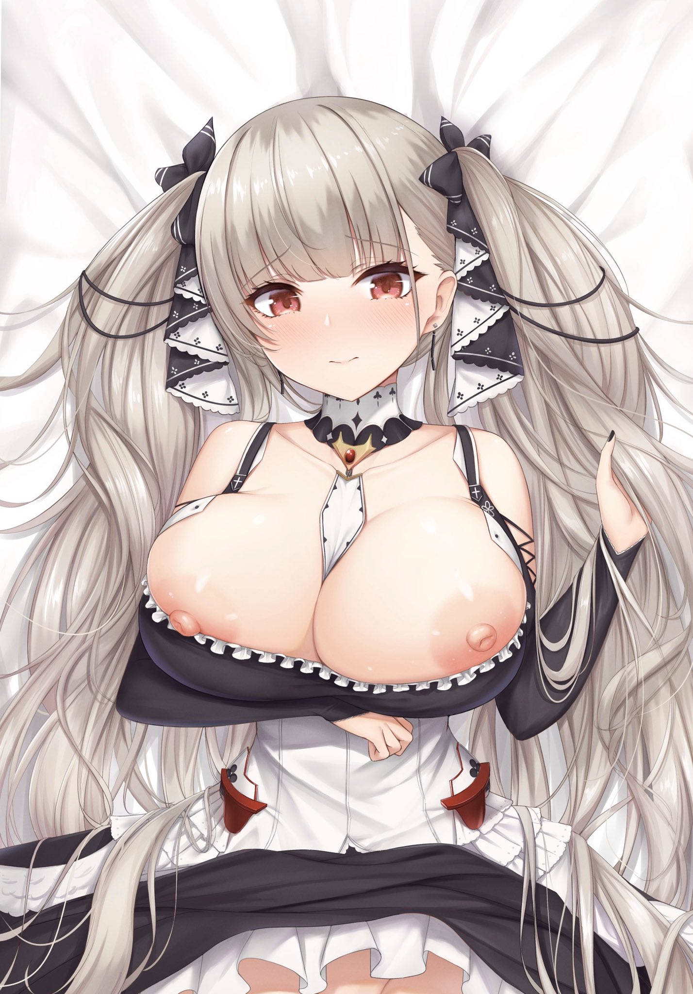 azur lane, bangs, bare shoulders, between breasts, black dress, blush, breasts, cleavage, dress, earrings, eyebrows visible through hair, female, formidable (azur lane), fou zi, frilled dress, frills, grey hair, hair ribbon, highres, holding, holding hair, jewelry, large breasts, long hair, long sleeves, looking at viewer, lying, nipple slip, nipples, on back, paintcan, red eyes, ribbon, skindentation, solo, twintails, two-tone dress, very long hair