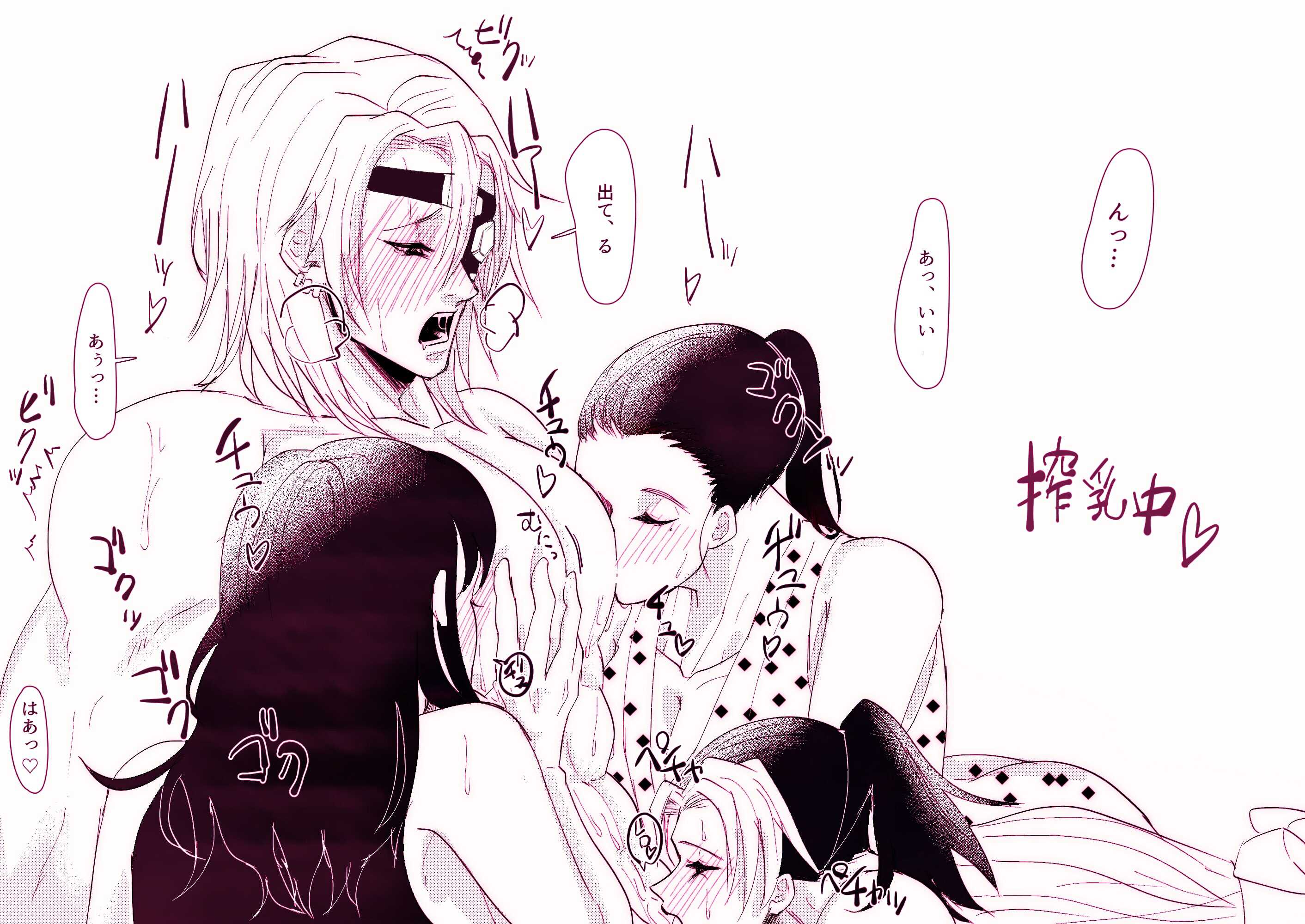 1boy, 3girls, assisted fellatio, breast sucking, breasts, collaborative fellatio, deepthroat, demon slayer, eye patch, fellatio, female, femdom, hair down, harem, hinatsuru (kimetsu no yaiba), implied deepthroat, implied oral, kimetsu no yaiba, lactation, makio (kimetsu no yaiba), male, male lactation, malesub, multiple females, multiple girls, oral, suma (kimetsu no yaiba), teamwork, the wives (kimetsu no yaiba), uzui tengen