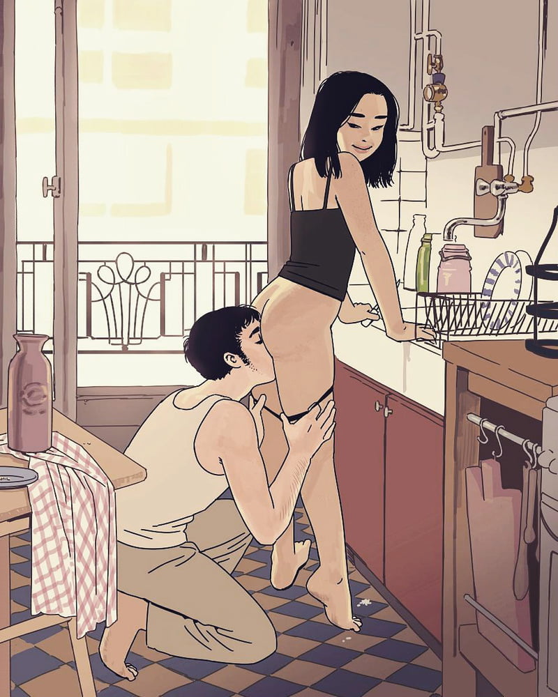 1boy, 1girls, apartment, asian, ass, ass worship, barefoot, black hair, black panties, clothing, cunnilingus, female, female focus, femdom, from behind, gentle femdom, half-closed eyes, happy, he kneeling, kitchen, kneeling, light skin, looking at partner, looking back, looking down, male, male and female focus, malesub, medium hair, oral, oral sex, panties, panties down, panty pull, passionate, petite, romantic, romantic couple, sink, smile, standing, straight, tank top, thong, tiptoes, toes, wholesome, yudoridori