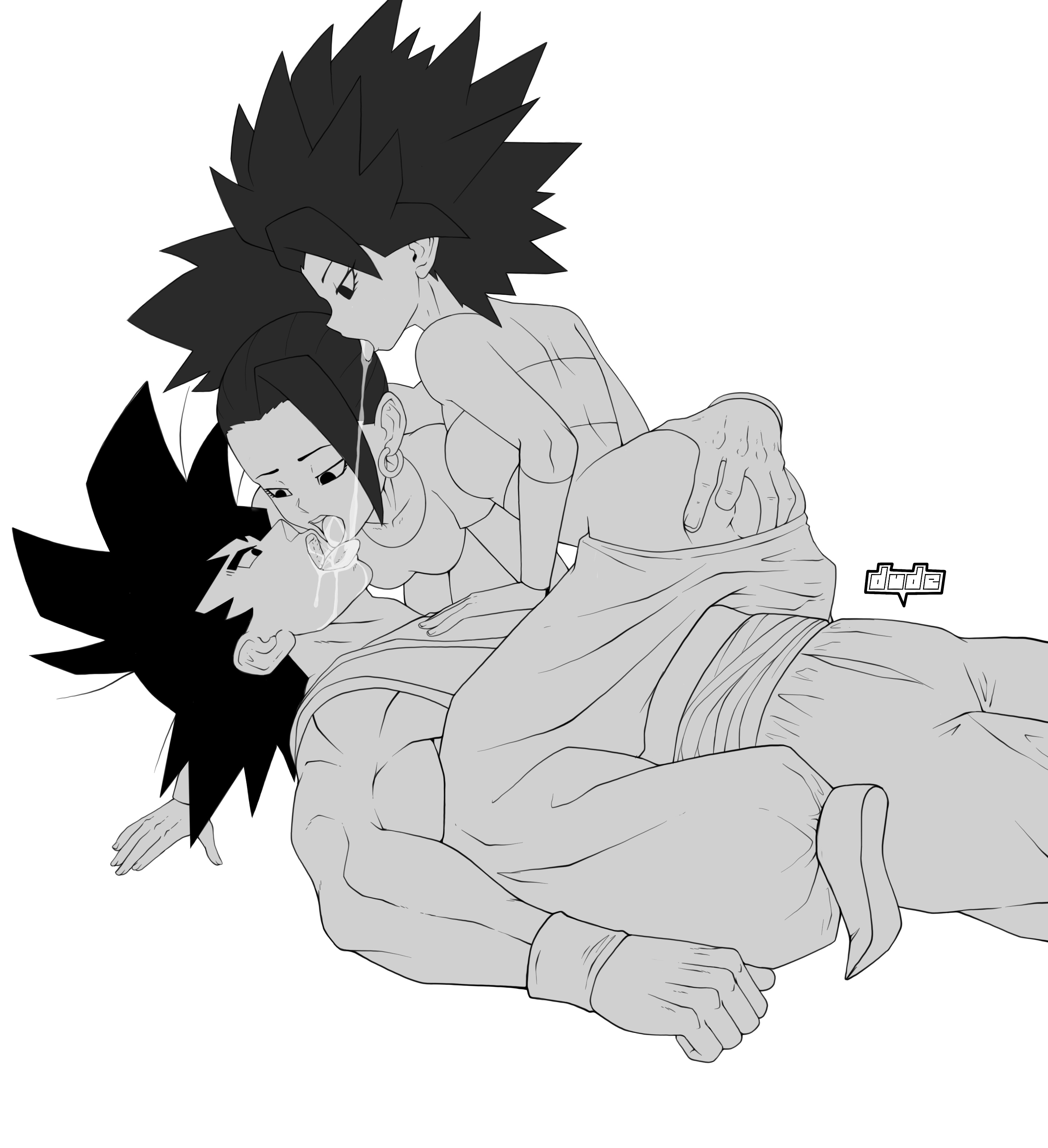 1boy, 2girls, ass, ass grab, black and white, caulifla, dragon ball, dragon ball super, dude-doodle-do, female, female saiyan, fingering, fingering ass, goku, grabbing ass, kale, licking, male, male saiyan, monochrome, mouth open, pants down, saiyan, son goku, spitting, spitting in mouth, straight, threesome, universe 6 saiyan/universe 7 saiyan, universe 6/universe 7