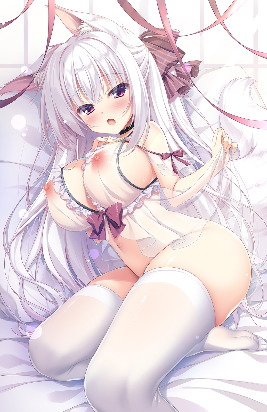 1girls :o animal_ear_fluff animal_ears babydoll bare_shoulders bed big_breasts bow breasts choker cleavage clothed clothed_female commentary_request female female_focus female_only fox_ears fox_girl fox_tail frills hairbow half_updo highres holding horny huge_breasts large_breasts lingerie long_hair looking_at_viewer navel negligee nipples no_shoes oerba_yun_fang on_bed open_mouth original photo pillow purple_eyes reclining ribbon see-through skindentation solo solo_female solo_focus striped striped_bow tail thick_thighs thighhighs thighs underwear very_long_hair white_hair white_legwear yatanukikey young