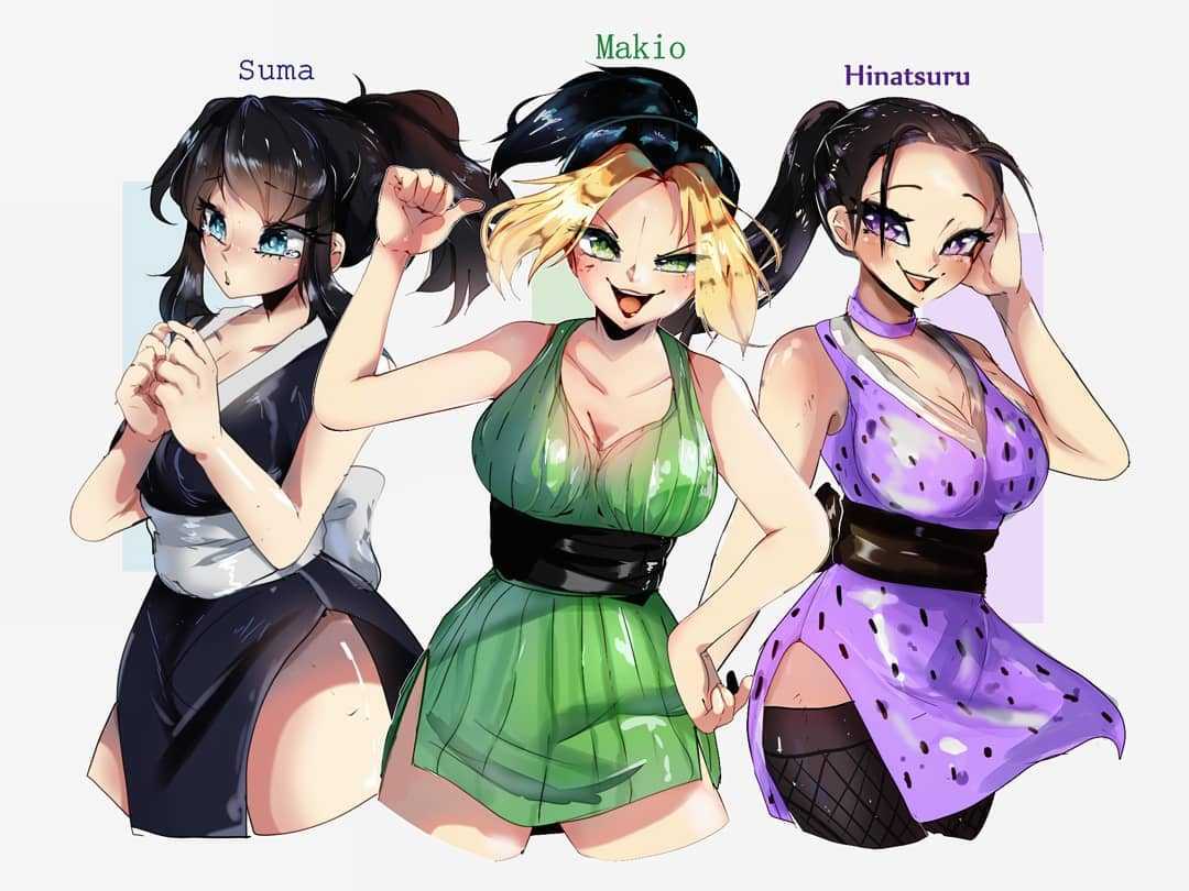 3girls, black hair, black-haired female, blonde hair, blonde-haired female, blue eyes, demon slayer, female, green eyes, hinatsuru (kimetsu no yaiba), kimetsu no yaiba, kimono, kunoichi, makio (kimetsu no yaiba), ponytail, purple eyes, suma (kimetsu no yaiba), the wives (kimetsu no yaiba), white background
