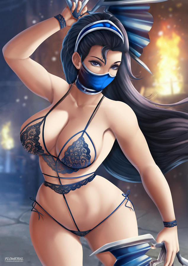 1girls, 2d, big breasts, black eyes, black hair, blue lingerie, bra, breasts, cleavage, female, female only, flowerxl, kitana, kitana (mk9), large breasts, light skin, light-skinned female, lingerie, long hair, looking at viewer, mask, mortal kombat, mortal kombat (2011), panties, small panties, solo, thick thighs, toned, toned female, video game character, wide hips