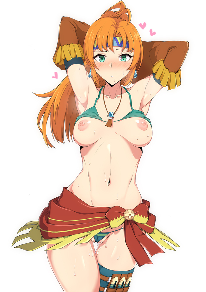 ahoge aqua_bikini aqua_eyes arm_warmers armpits arms_behind_head ass_visible_through_thighs bangs bikini bikini_lift bikini_top blush breasts breasts_out collarbone commentary cowboy_shot female headband heart holster jewelry karna_(ys) large_pasta long_hair looking_at_viewer medium_breasts midriff navel necklace nipples orange_hair parted_bangs partially_visible_vulva pendant ponytail pussy_juice simple_background solo sweat swimsuit thigh_gap thigh_holster thigh_strap white_background ys ys_memories_of_celceta