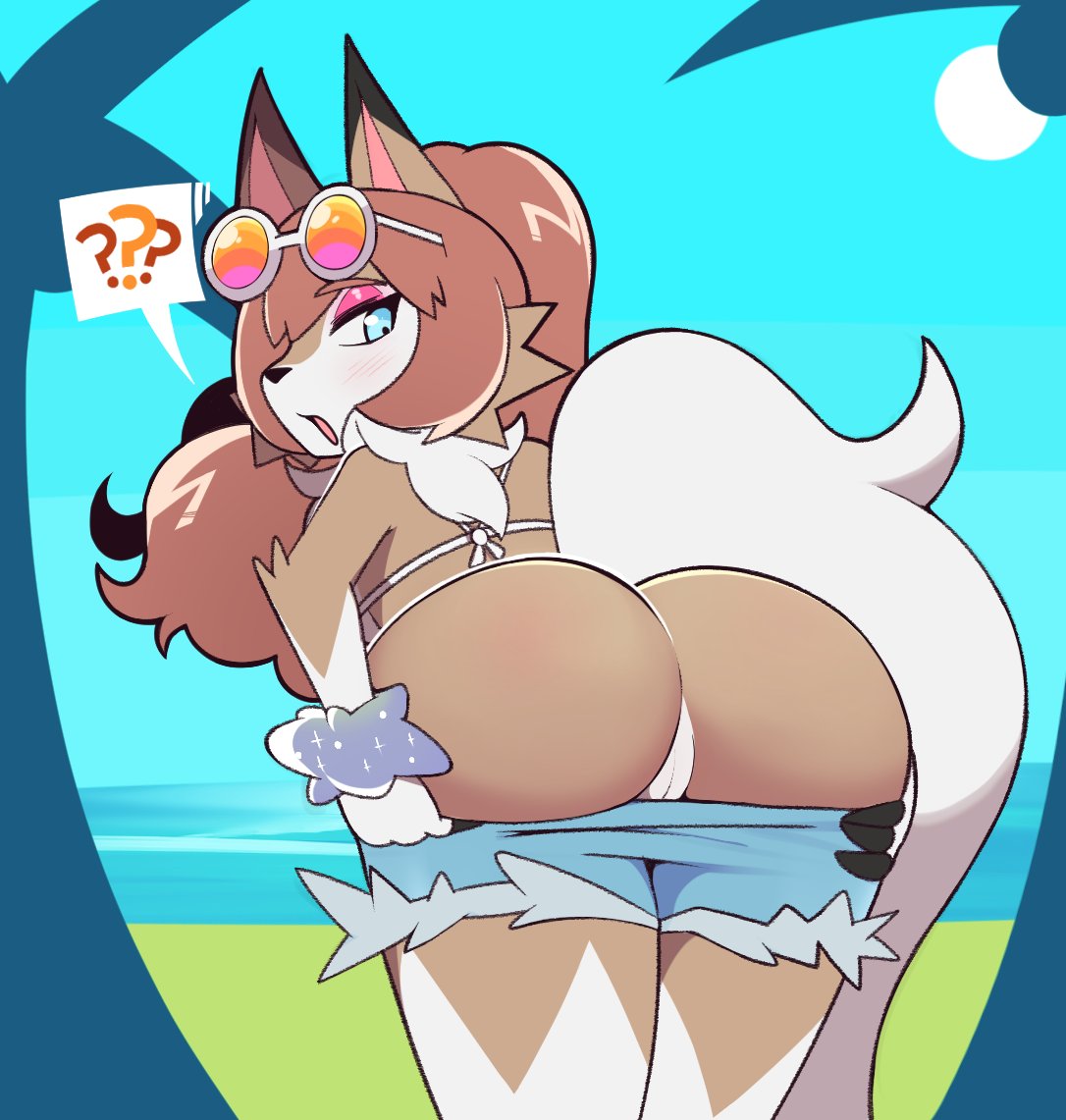 :o, ?, anthro, ass, bent over, blue eyes, blush, boxf, brown fur, brown hair, eyeshadow, female, female only, furry, glasses, hair, hands on ass, looking back, pink eyeshadow, pussy, shorts, solo, sunglasses on head, surprised, tail, white tail, wolf, wrist scrunchie