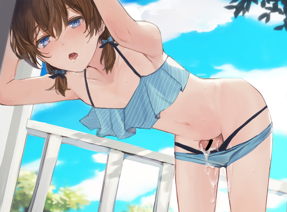 1boy all_male bikini blue_eyes brown_hair censor_bar censored censored_pussy clouds cropped cum femboy has_uncensored_version male male_only navel original panty_pull penis short_hair sky solo sunaba_(nczd5875) swimsuit trap twintails