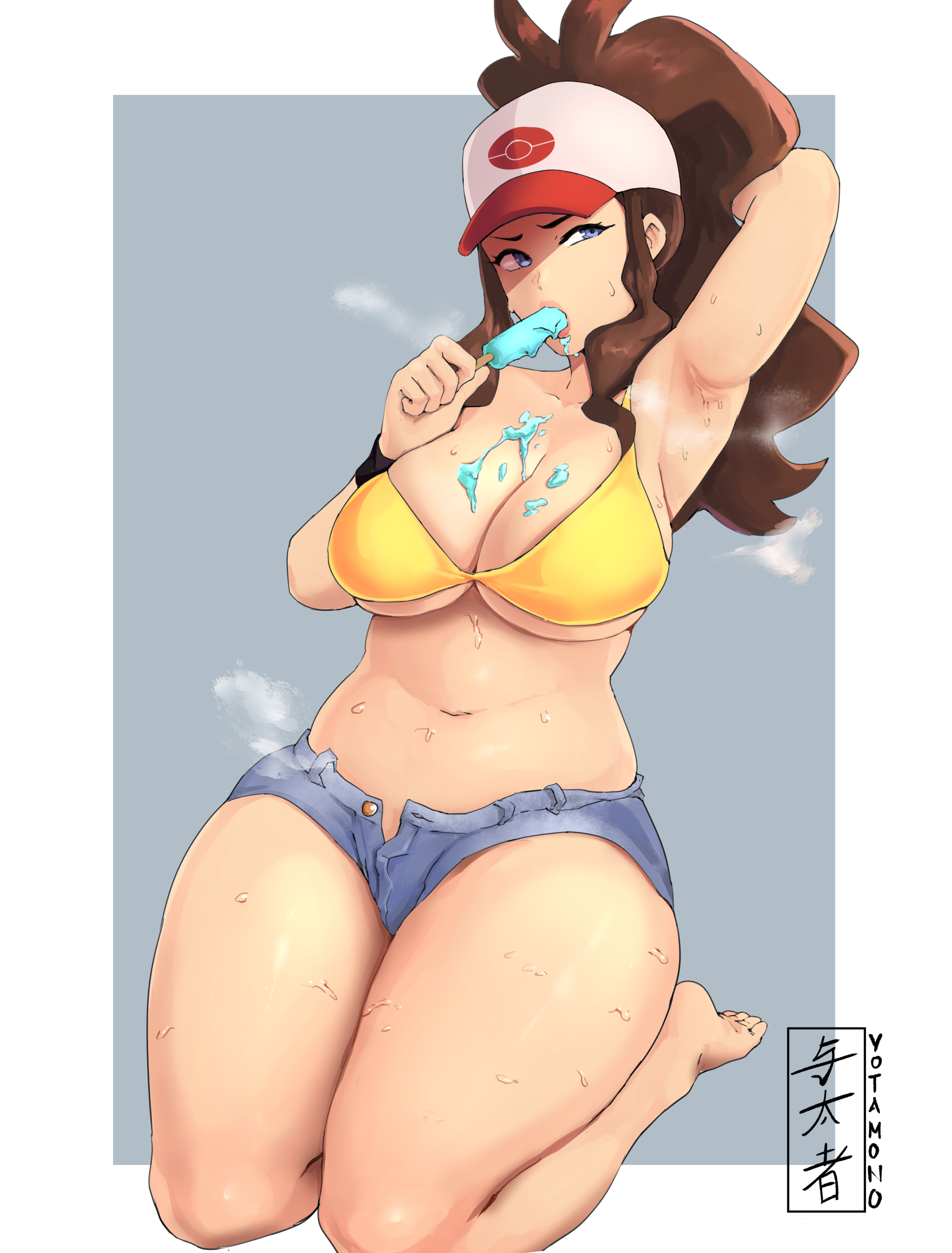 1girls, armpits, big breasts, blue eyes, breasts, brown hair, curvy figure, female, hat, hilda (pokemon), huge thighs, ice cream, light skin, light-skinned female, long hair, nintendo, pale skin, pale-skinned female, pokemon, pokemon bw, ponytail, shorts, solo, steam, sweat, thick thighs, thighs, unzipped shorts, watermark, wide hips, yotahen
