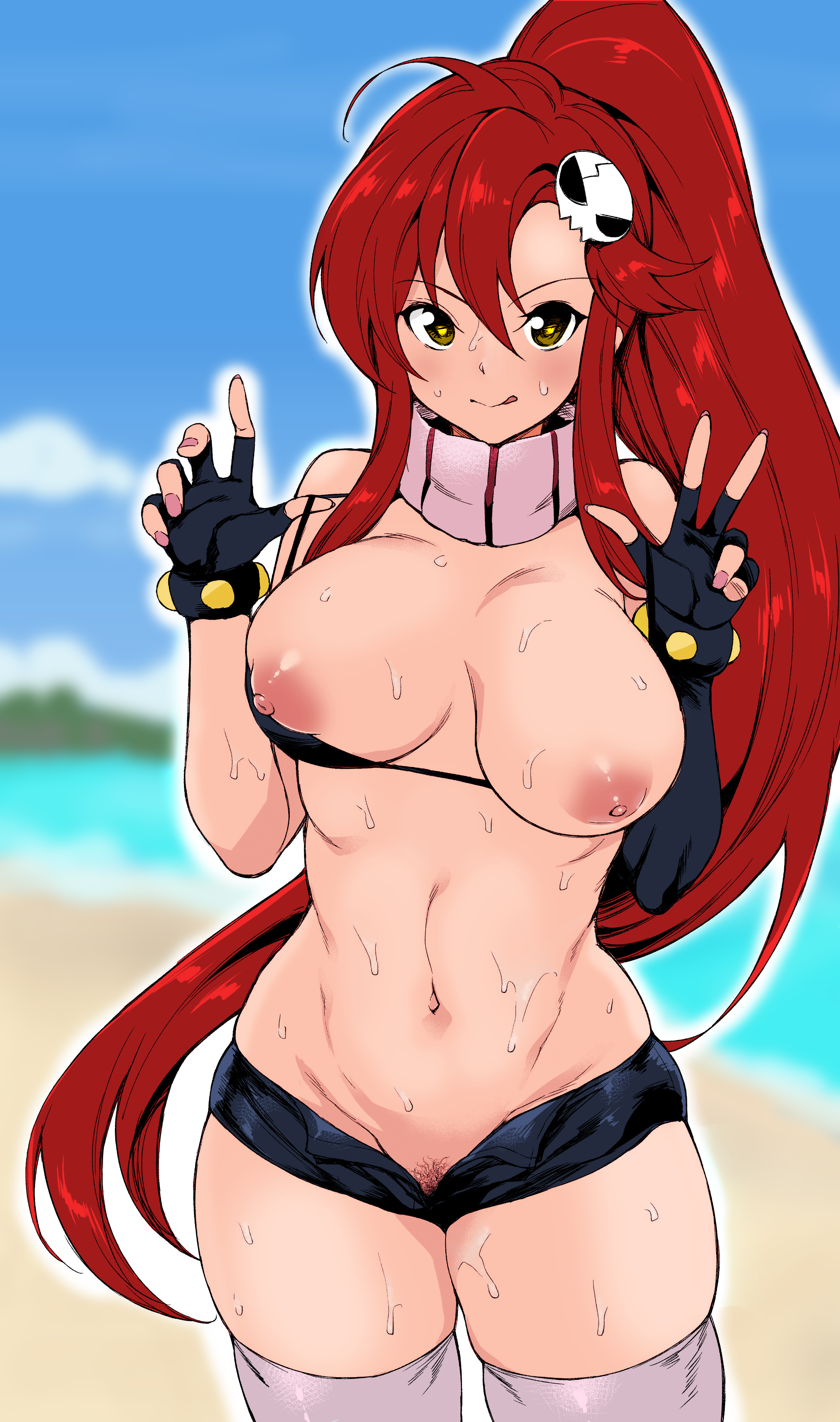 absurdres, beach, bikini, bikini top, breasts, colored, colored sketch, double v, female, female only, female pubic hair, fingerless gloves, gloves, hair ornament, highres, large breasts, looking at viewer, midriff, mushi024, nipples, no panties, ponytail, pubic hair, red hair, scarf, short shorts, shorts, skull hair ornament, solo, sweat, swimsuit, tengen toppa gurren lagann, thighhighs, yoko littner