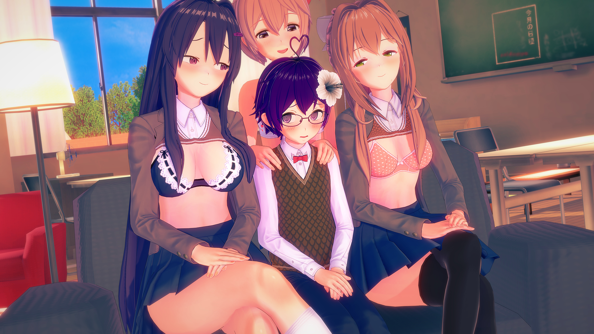 1boy, 3girls, ahoge, ara ara, bowtie, bra, crossed legs, doki doki literature club, female, flower in hair, glasses, hands on shoulders, heart ahoge, imminent sex, male, monika (doki doki literature club), multiple females, multiple girls, naughty face, older female and younger male, pleated skirt, sayori (doki doki literature club), shirt up, shy, smirk, surrounded, sweater vest, taller female, thighhighs, witchanon, yuri (doki doki literature club)