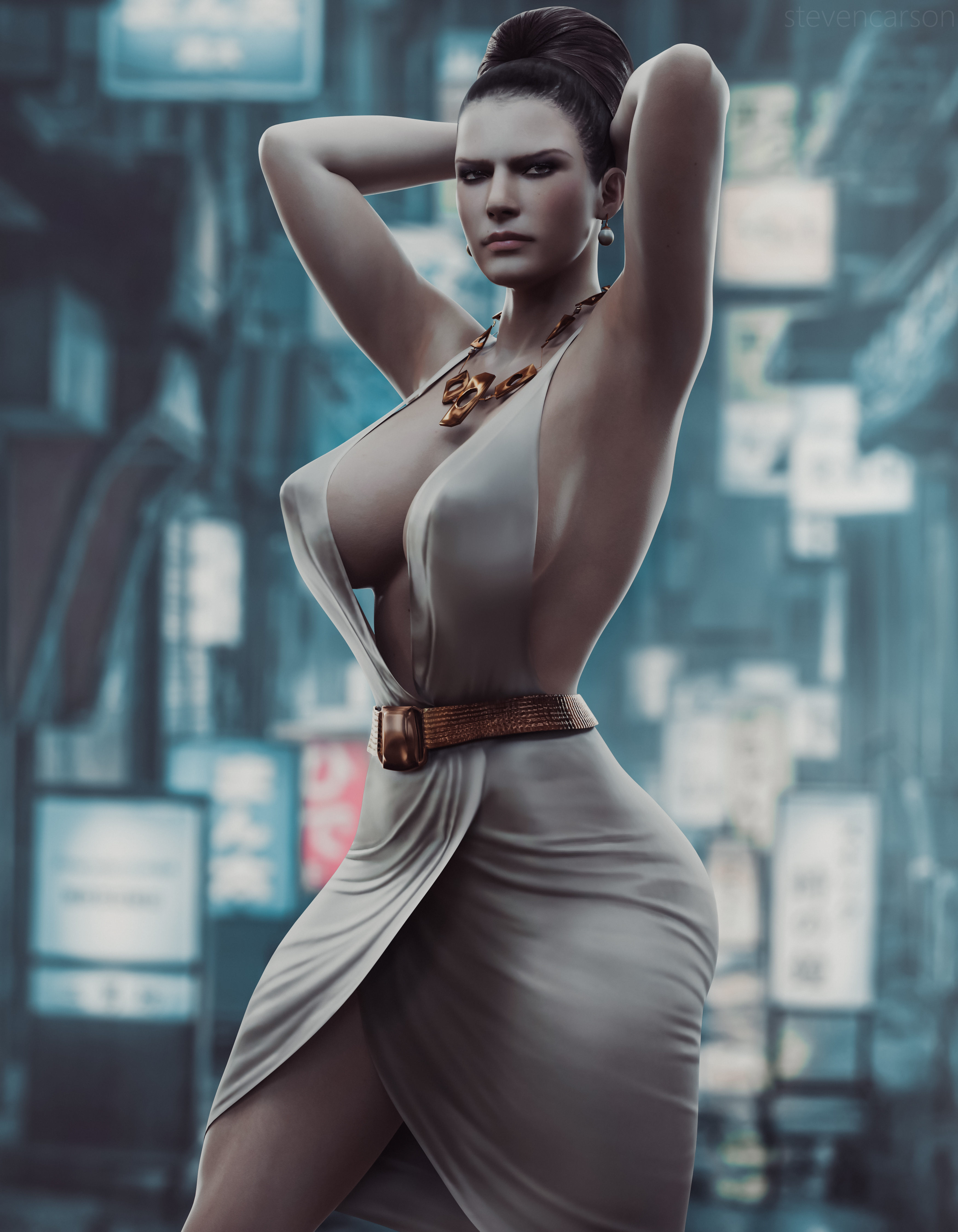 1girls, 3d, absurdres, annoyed, big breasts, breasts, clevage, dress, excella gionne, female, female only, hand behind head, necklace, pose, posing, resident evil, resident evil 5, standing, stevencarson, thick thighs