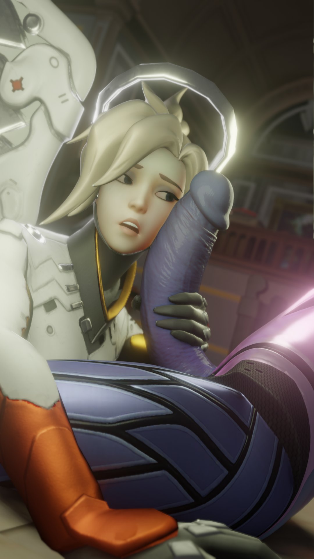 1futa, 1girls, 3d, big penis, blender, female, futa on female, futanari, huge cock, intersex, mercy, overwatch, penis, penis on face, stalkek, widowmaker