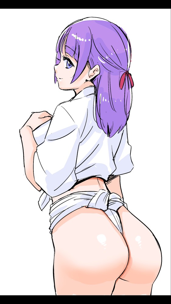 ass clothing dat_ass female flat_ass fundoshi hair_ornament japanese_clothes kaguya_madoka kuppipi_ramutarou large_breasts long_hair looking_at_viewer panties precure pretty_cure purple_eyes purple_hair schoolgirl sideboob smiling star_twinkle_precure thong yamakasa