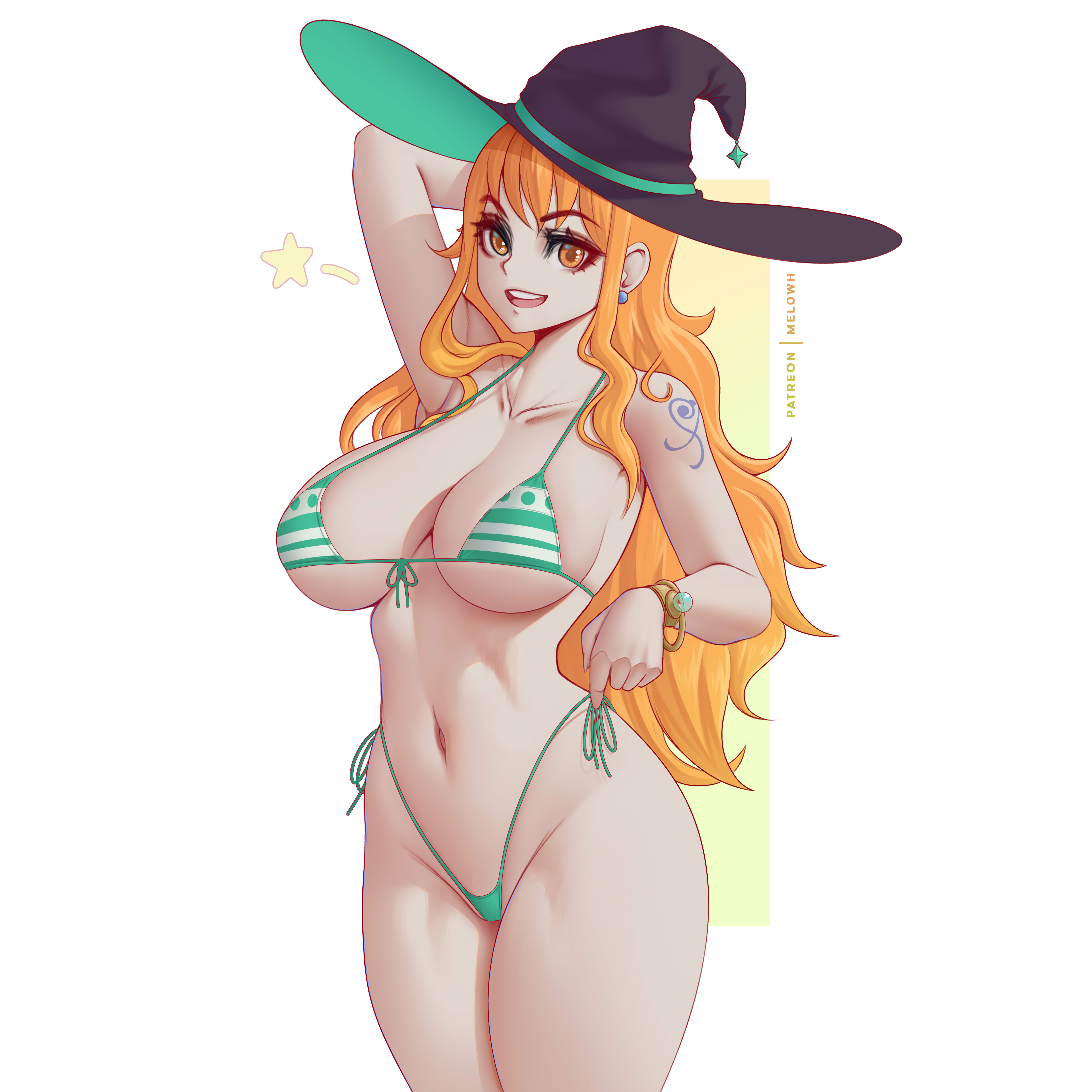 1girls, arm tattoo, bikini, blue tattoo, breasts, female, female only, halloween, hi res, huge breasts, light skin, light-skinned female, long hair, melowh, nami (one piece), one piece, orange hair, orange-haired female, post-timeskip, striped bikini, tattoo, thick thighs
