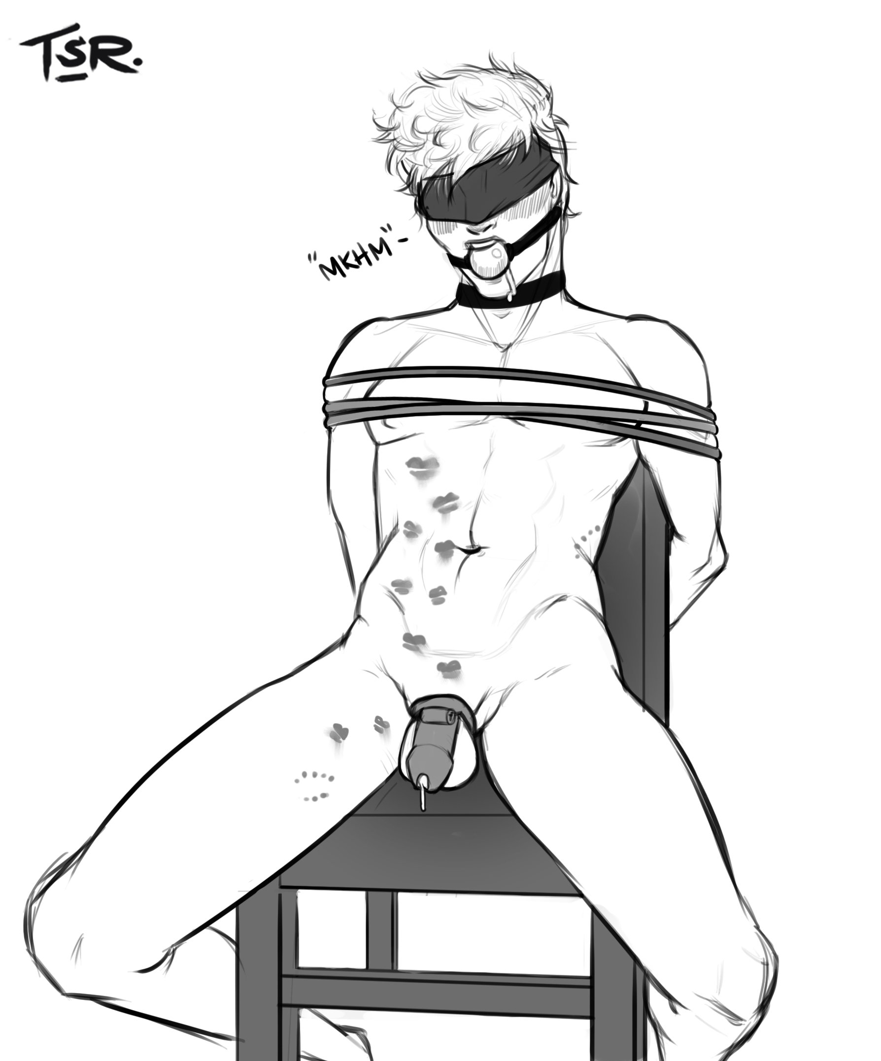 ball gag, bite mark, blindfold, bondage, chair, chastity, chastity cage, chastity device, cum, cum in chastity, dick, female, femdom, isaac (thesmuttyrogue), kiss mark, leaking cum, leaking precum, lipstick mark, male, male only, penis, restrained, rope, rope bondage, tagme, thesmuttyrogue