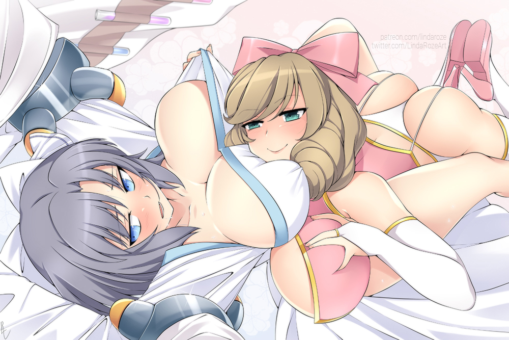 2girls, ass, breast grab, breast press, breasts, cleavage, clothing, female, female only, groping, haruka (senran kagura), huge breasts, lindaroze, multiple females, multiple girls, senran kagura, yumi (senran kagura), yuri