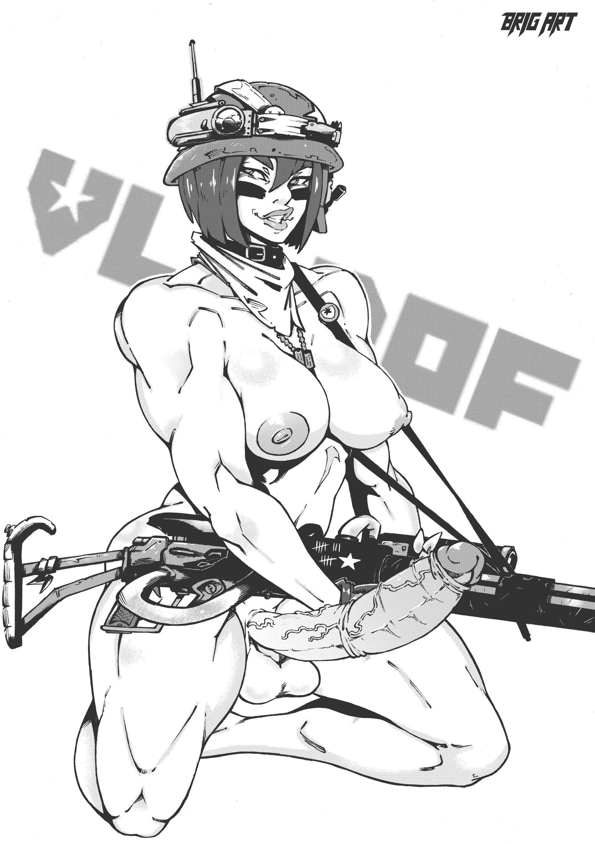 assault rifle, balls, borderlands, borderlands 3, bottomless, brig art, casual, facepaint, firearm, full-package futa, functionally nude, futanari, gun, headwear, helmet, holding gun, human, intersex, monochrome, moze (borderlands), muscular, muscular futa, neckwear, nude, pale skin, penis, rifle, topless, video games, weapon