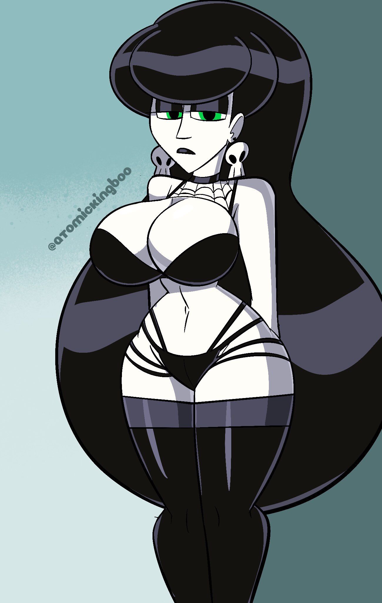 1girls, artist name, atomickingboo, black hair, black lips, black lipstick, breasts, bust, busty, curvaceous, curvy, curvy figure, eyes, female, female focus, goth, goth girl, green eyes, hair, hourglass figure, legs, light skin, light-skinned female, lindel dollice quilten, lips, lipstick, long hair, oc, original, original character, pale skin, pale-skinned female, partially clothed, the besties (atomickingboo), thick legs, thick thighs, thigh highs, thighhighs, thighs, top heavy, upper body, voluptuous
