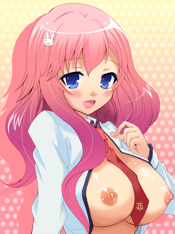 bad_id bad_pixiv_id baka_to_test_to_shoukanjuu blue_eyes blush breasts erect_nipples female himeji_mizuki horny long_hair necktie nipples pink_hair saipin school_uniform solo