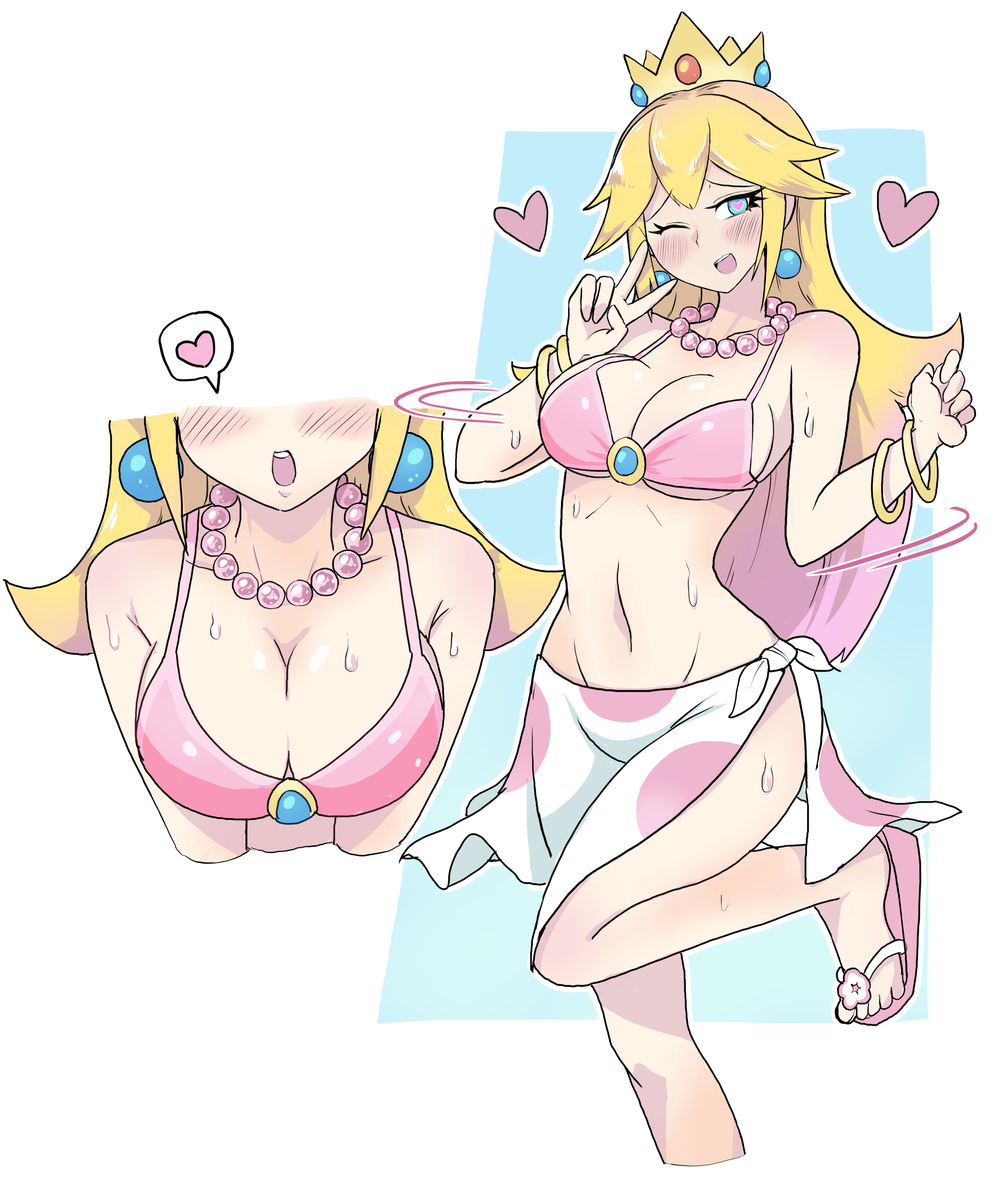 1girls, 2020, absurd res, bangs, bare shoulders, bikini, blonde hair, blue background, blue eyes, blush, bracelet, breast squeeze, breasts, cleavage, close-up, collarbone, crown, earrings, feet, female, female only, heart, heart-shaped pupils, highres, jewelry, large breasts, long hair, mario (series), multiple views, navel, necklace, nintendo, one eye closed, open mouth, pearl necklace, pink bikini, pose, princess, princess peach, princess peach (swimwear), raised leg, sandals, sarong, simple background, slippers, smile, spoken heart, standing, standing on one leg, super mario odyssey, sweat, swimsuit, symbol-shaped pupils, teeth, thighs, toes, tongue, upper teeth, v, wet, white background, white-stew, wink