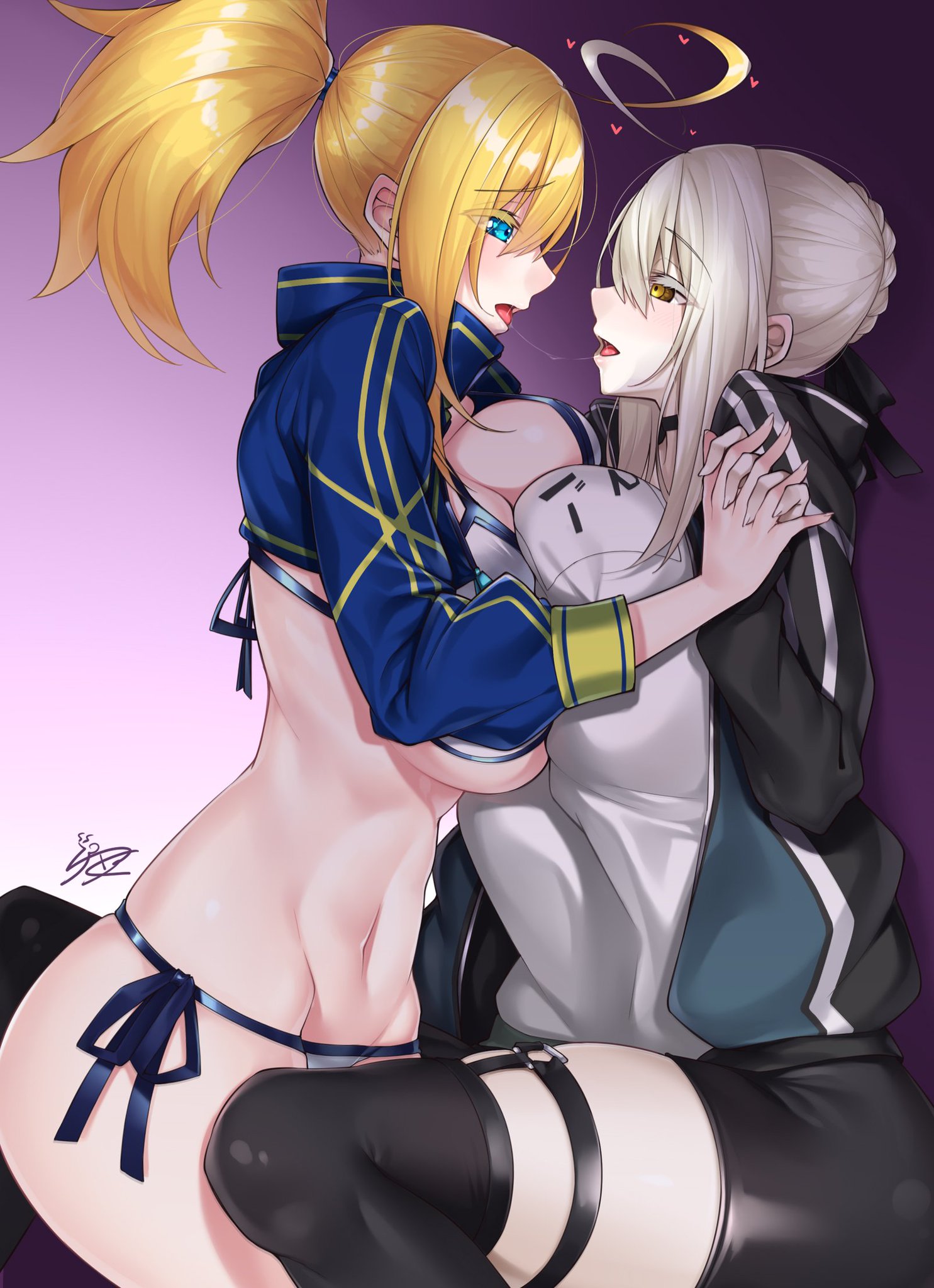 2girls, ahoge, alternate breast size, artoria pendragon, big breasts, bikini, blonde hair, blue eyes, breasts, drool string, fate (series), fate/grand order, female, female only, gym uniform, hairbun, holding hands, huge breasts, light skin, light-skinned female, midriff, multiple females, multiple girls, mysterious heroine x (alter), mysterious heroine xx (foreigner), pale skin, pale-skinned female, ponytail, thick thighs, thighhighs, watosu (watosu mama), yellow eyes, yuri