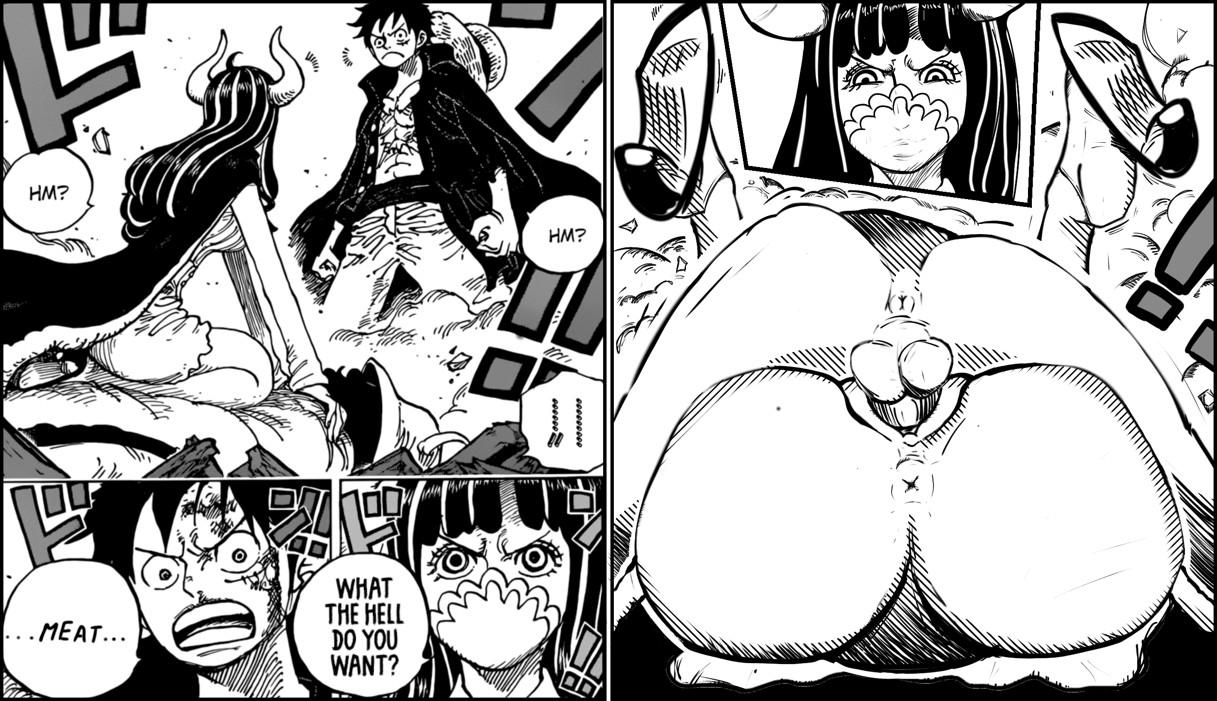 2d, 2d (artwork), backsack, balls, ballsack, female, instant loss 2koma, male, male anus, mating press, monkey d luffy, one piece, pussy, scarose, ulti (one piece), vaginal penetration