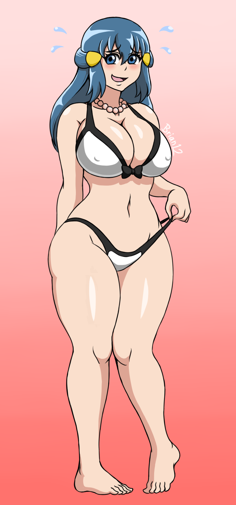 1girls abs big_breasts blue_eyes blue_hair blush brian12 dawn_(pokemon) hair_ornament human long_hair nintendo pale-skinned_female pale_skin pokemon pokemon_dppt solo standing thick_thighs thighs voluptuous white_bikini wide_hips