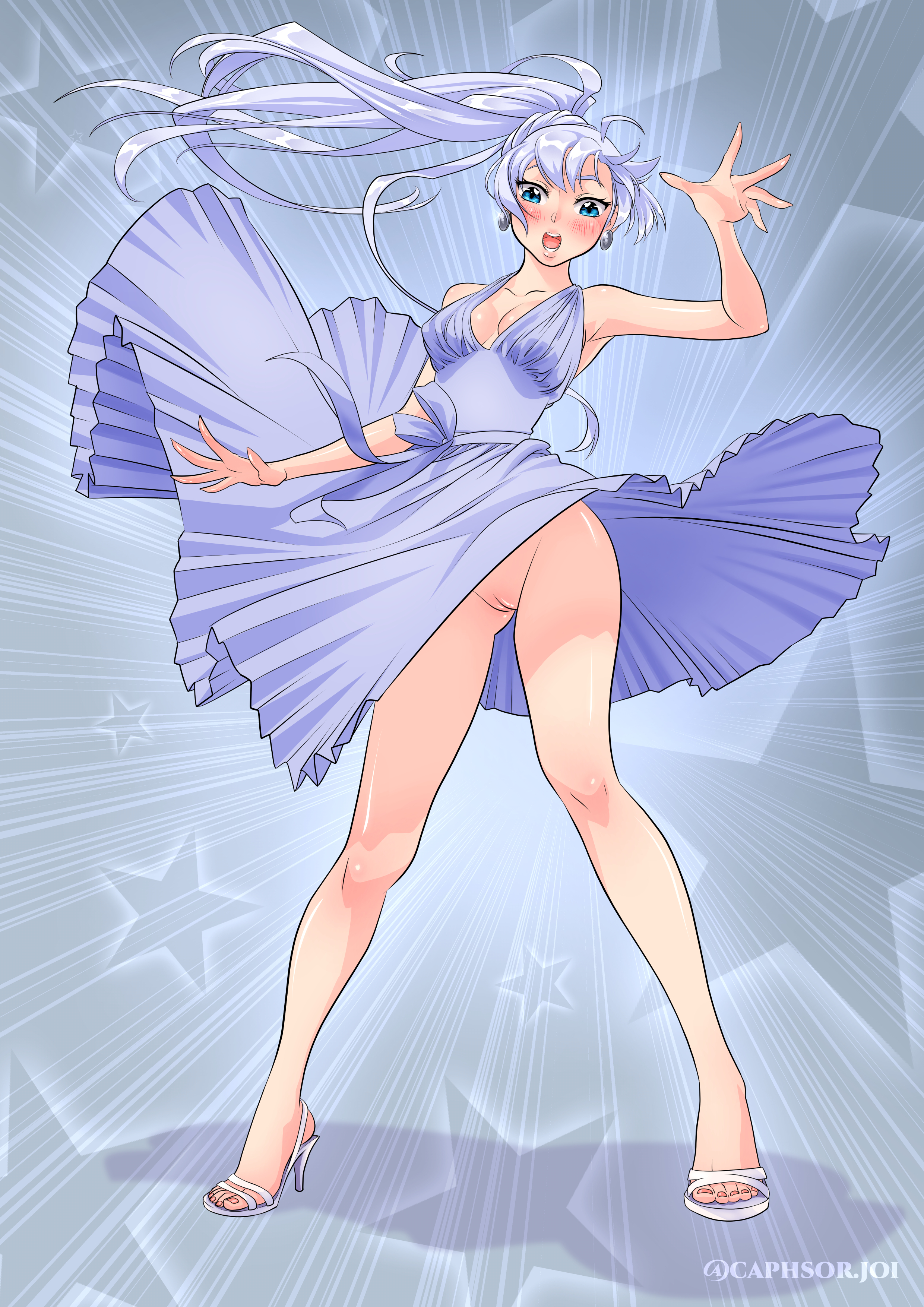 bottomless skirt, clothing, dress, female, no panties, open toe shoes, rwby, spookiepoopie, upskirt, weiss schnee, white dress, white hair, wind