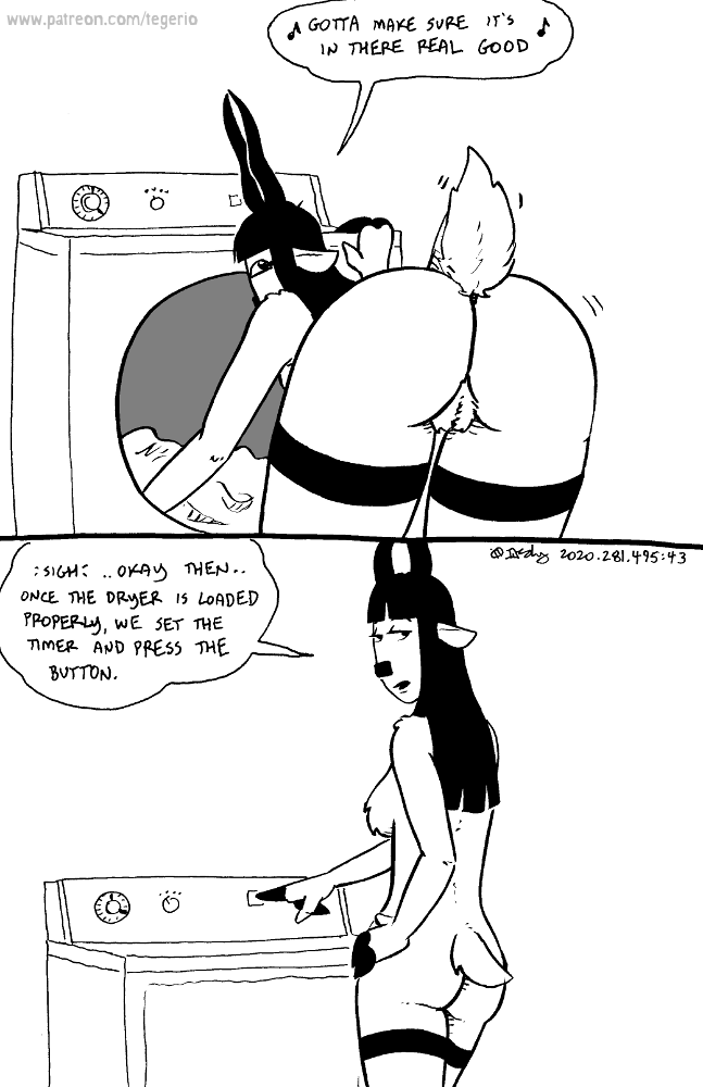 antelope anthro ass bovid bovine breasts clothes_dryer comic dialogue english_text female fur genitals hair kudu looking_at_viewer looking_back mammal miss_thompson_(tegerio) monochrome nude pussy raised_tail rear_view solo spiral-horned_antelope tegerio text