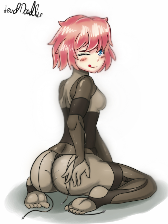1girls, ass, blue eyes, blushing, breasts, doki doki literature club, feet, female, hand on ass, just sayori, lewddoodler, metal gear solid, one eye closed, sayori (doki doki literature club), see-through clothing, sideboob, simple background, solo, tagme, tongue, tongue out