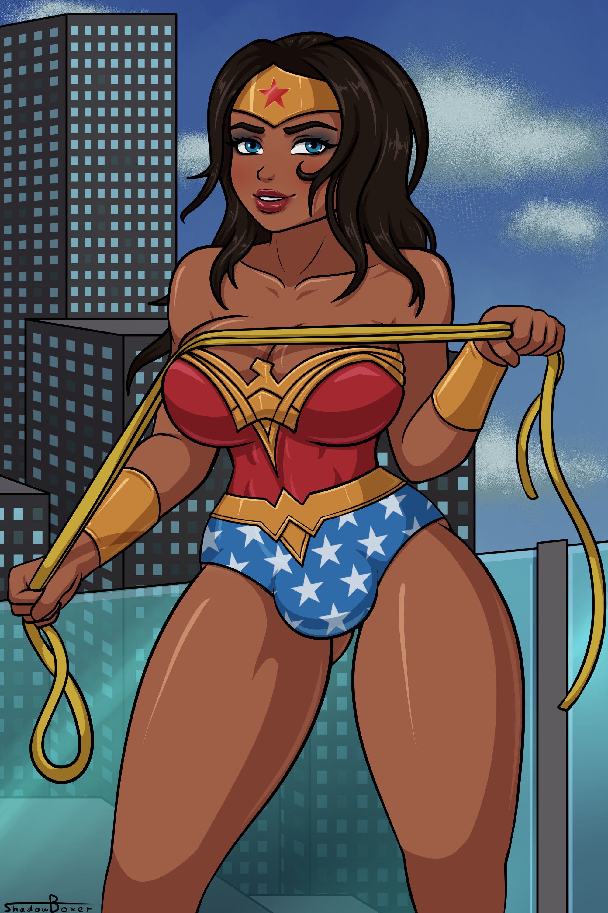 1futa, balls, balls bulge, balls in panties, balls under clothes, breasts, bulge, casual, casual bulge, cleavage, clothing, curvy, dark skin, dark-skinned futa, dc, dc comics, diana prince, flaccid, futa only, futa sans pussy, futanari, human, intersex, large breasts, looking at viewer, olive skin, panties, panty bulge, penis, penis bulge, penis under clothes, shadowboxer, solo, solo futa, wonder woman, wonder woman (series)