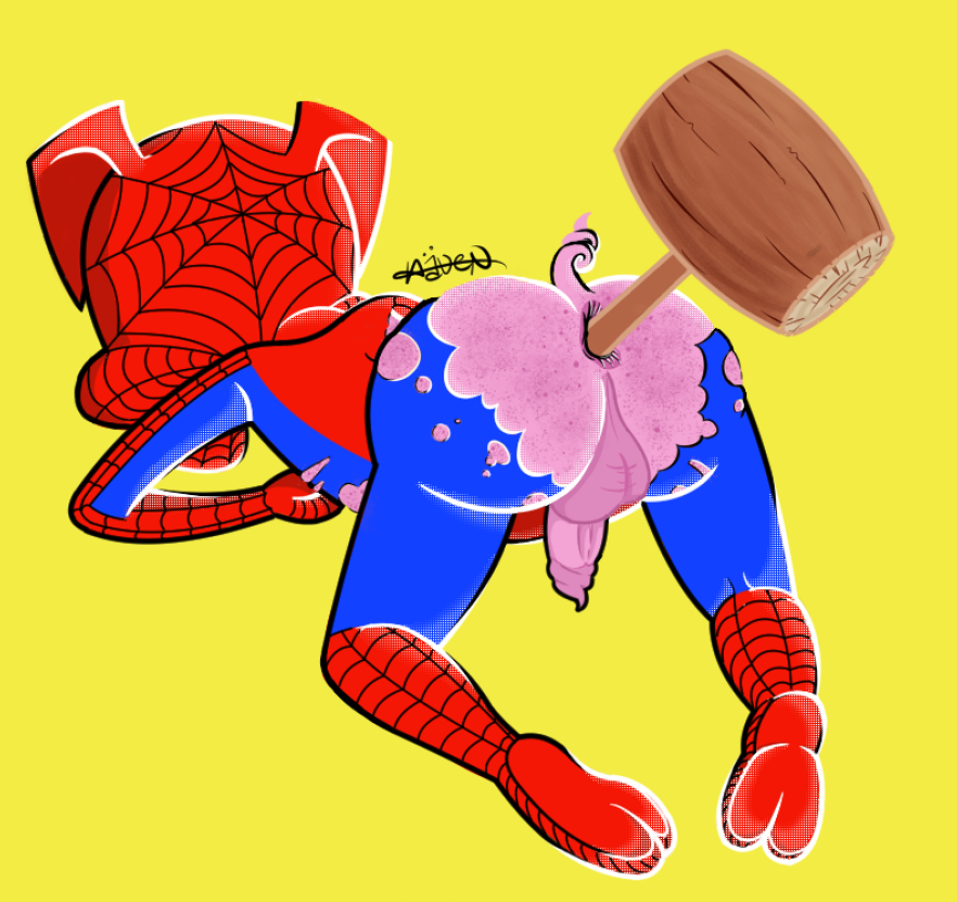 1boy anal anal_sex anthro anus balls clothing costume domestic_pig genitals hammer havenstinkman male male_only mammal marvel mask penetration penis peter_porker simple_background solo spider-ham spider-man:_into_the_spider-verse spider-man_(series) suid suina sus_(pig) testicles tools toony torn_clothing