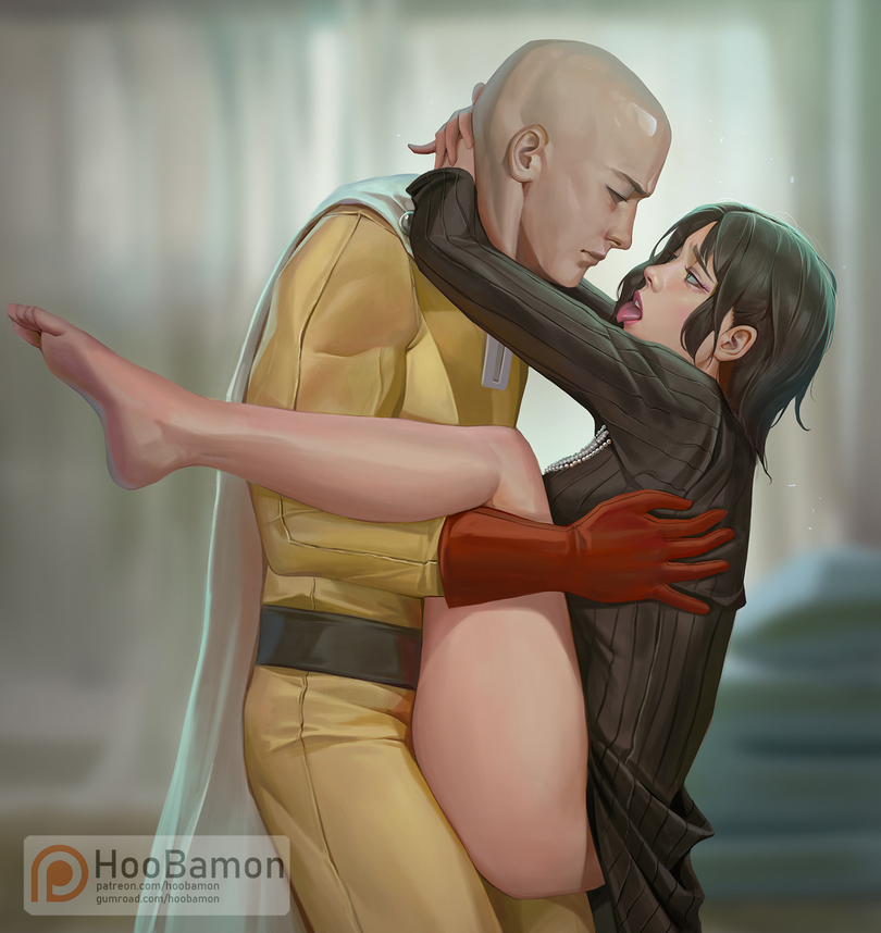 1boy, 1girls, ass, bald, big ass, cape, clothed, clothed sex, clothing, dress, embrace, female, fubuki (one-punch man), gloves, green eyes, green hair, hi res, highres, hoobamon, legs up, looking at another, looking at partner, male, medium hair, muscles, muscular, muscular male, one-punch man, saitama, thick ass, thick thighs, thighs, tight clothing, tongue, tongue out