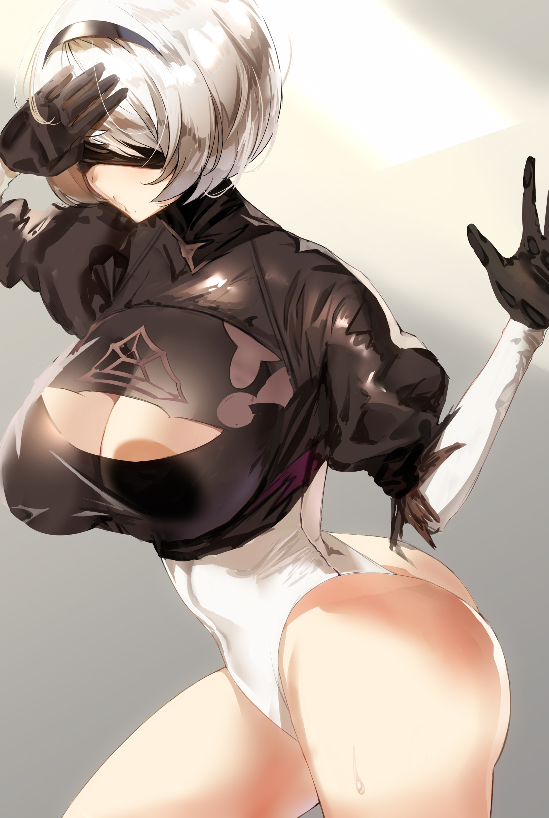 android, ass, bandage, breasts, cleavage, female, huge ass, large breasts, leotard, looking at viewer, nier: automata, okki (studio okki), short hair, skimpy clothes, thong, thong leotard, white hair, yorha 2b