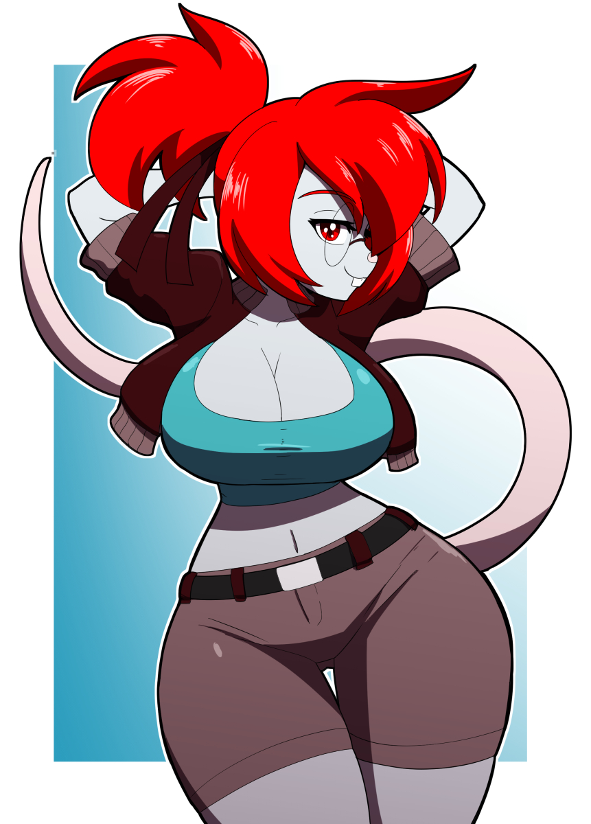 anthro cleavage clothed glasses grey_fur huge_breasts kojiro-brushard linda_the_mouse looking_at_viewer mouse murine original red_eyes red_hair tagme wide_hips