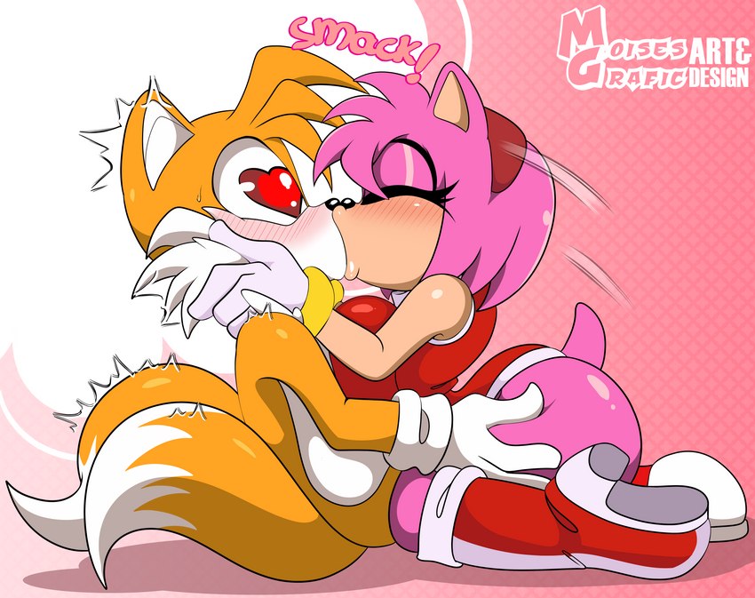 1boy, 1girls, age difference, amy rose, anthro, ass, big ass, big breasts, breasts, exposed torso, female, footwear, fox, furry, handwear, hedgehog, kissing, large ass, male, miles prower, moisesgrafic, older female, sega, sonic (series), sonic the hedgehog (series), tagme, tails, tails the fox, younger male