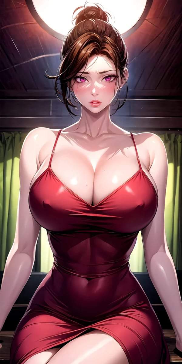 ai_generated big_breasts busty curtains curvaceous curvaceous_body curvaceous_female curvy curvy_figure eun-ae_june_(secret_class) mature mature_female milf red_dress secret_class solo solo_female spotlight top_bun