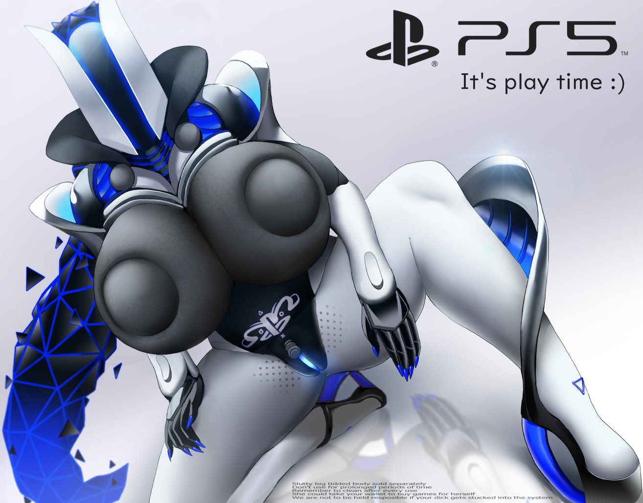 1girls, anthro, breasts, console-tan, english text, female, female only, looking at viewer, picturd, ps5-tan, pussy, spread legs, text