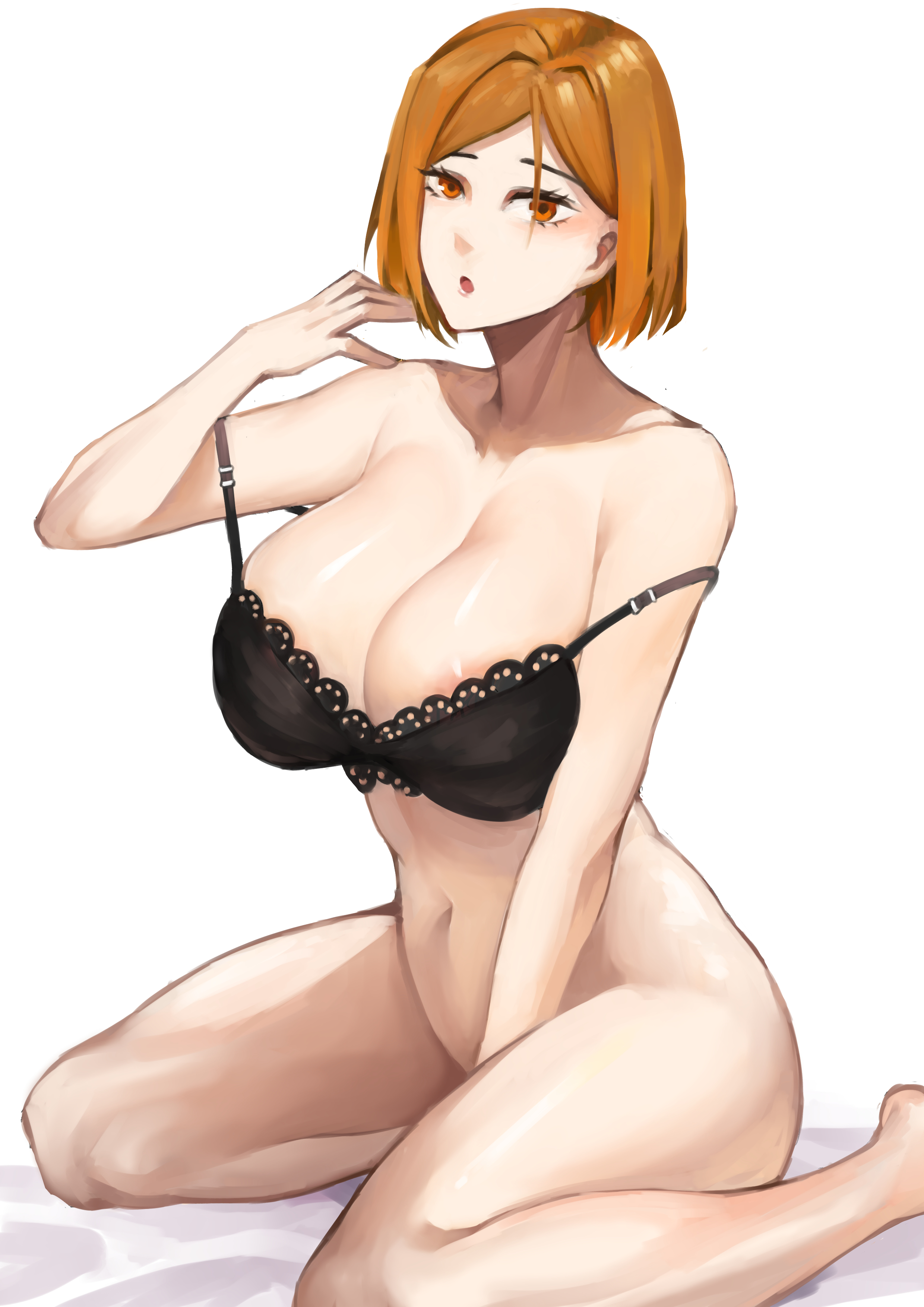 1girls, big breasts, black bra, bottomless, bra, breasts, cleavage, female, female only, hair, happy020508, huge breasts, jujutsu kaisen, kugisaki nobara, lace, lace trim, lace-trimmed bra, orange eyes, orange hair, orange-haired female, short hair, solo, solo female, thighs, topwear